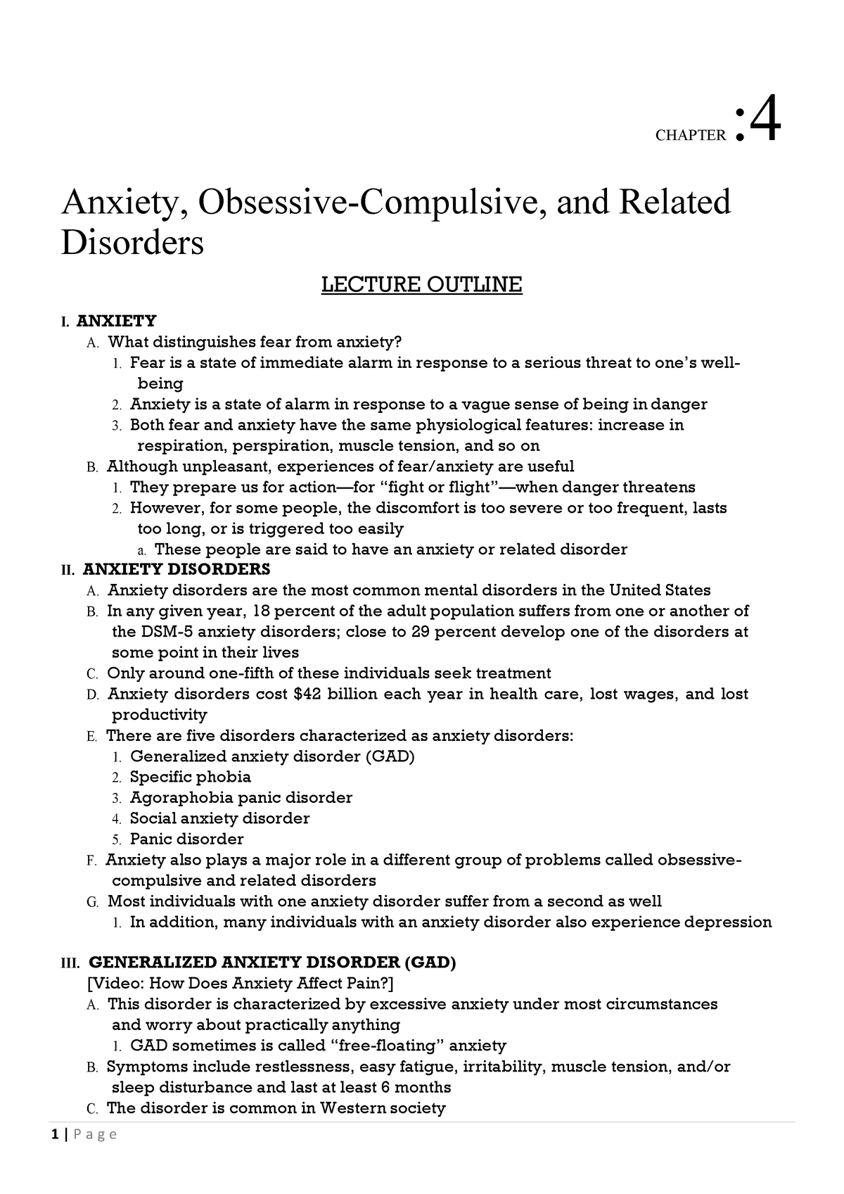 Anxiety Obsessive Compulsive And Related Disorders (Lecture Outline ...