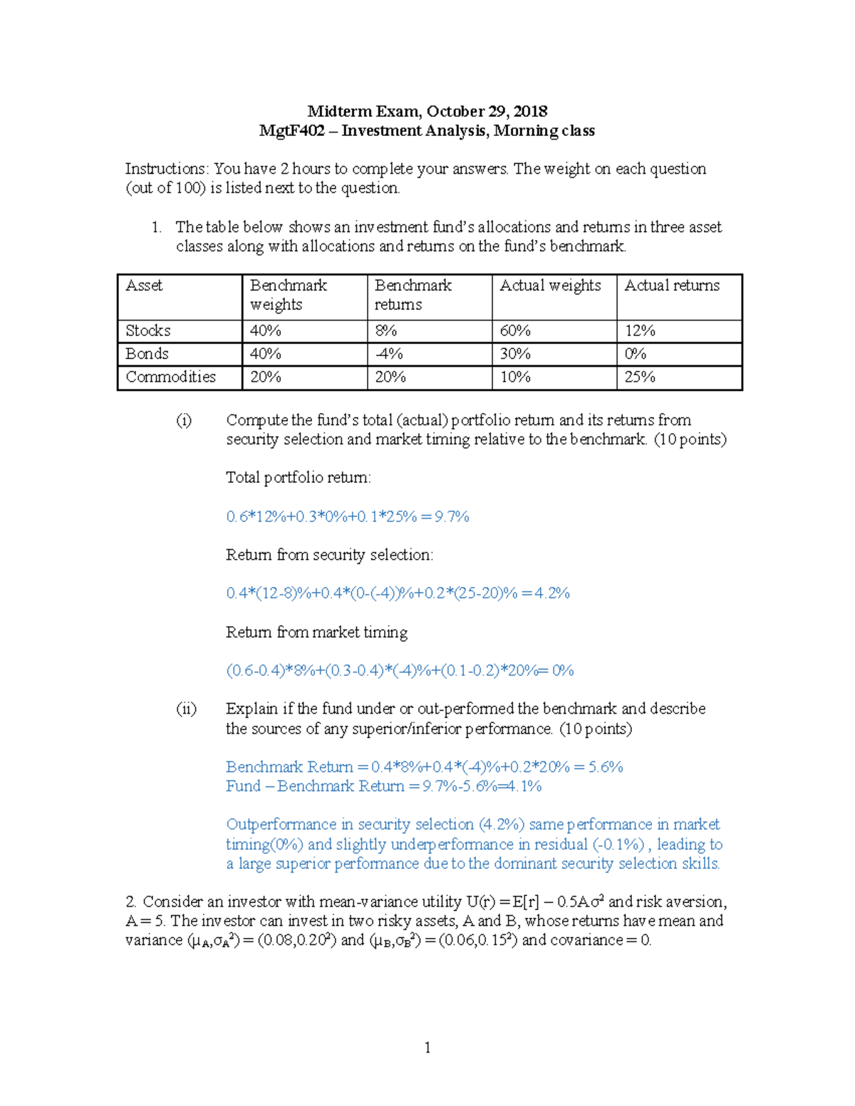 Midterm MF402 I 2018 Solution - Midterm Exam, October 29, 2018 MgtF402 ...