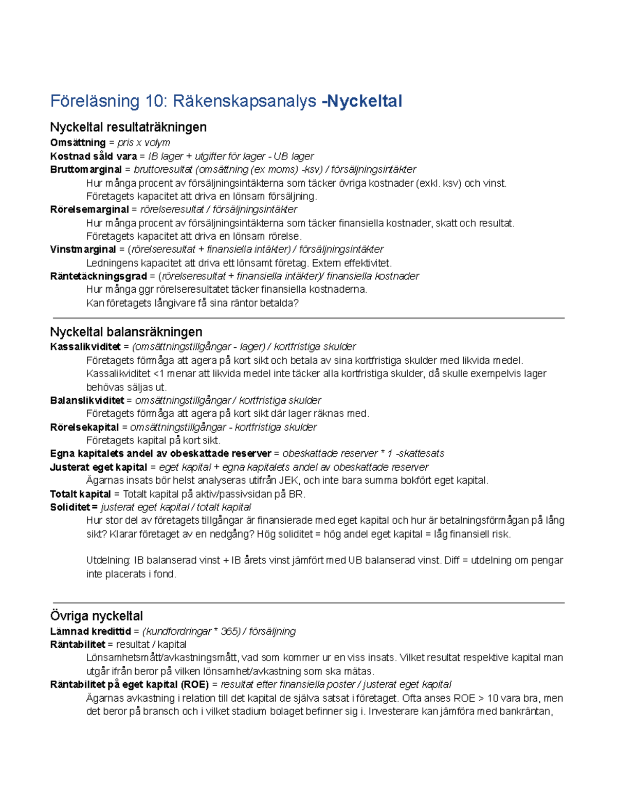 RED Nyckeltal - Föreläsning 10: Räkenskapsanalys -Nyckeltal Nyckeltal ...