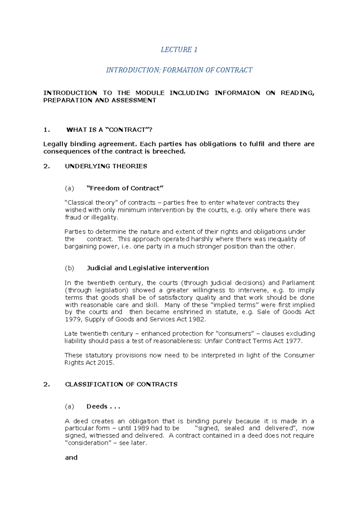 Lecture 1 - LECTURE 1 INTRODUCTION; FORMATION OF CONTRACT INTRODUCTION ...