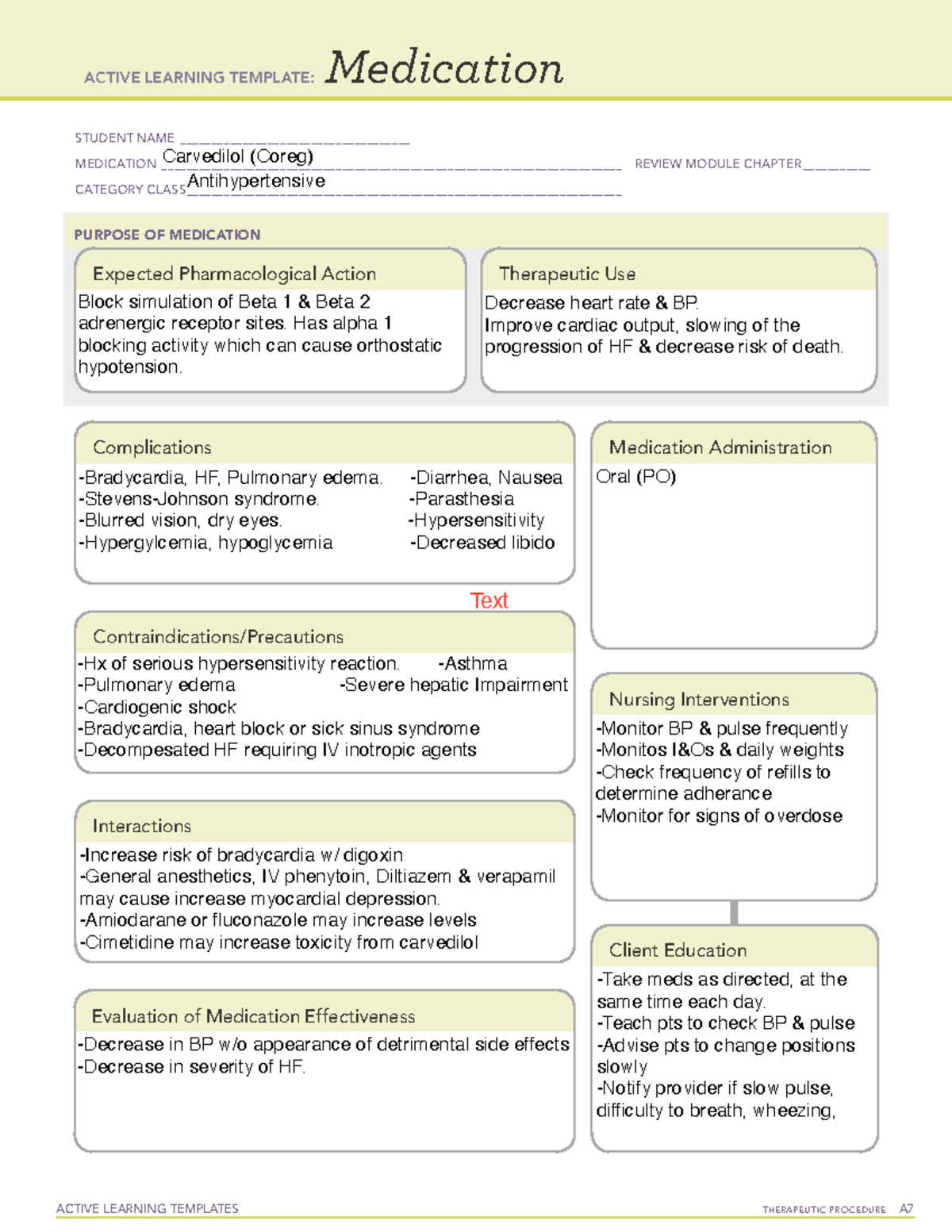 Carvedilol med card - Medication Card - ACTIVE LEARNING TEMPLATES ...