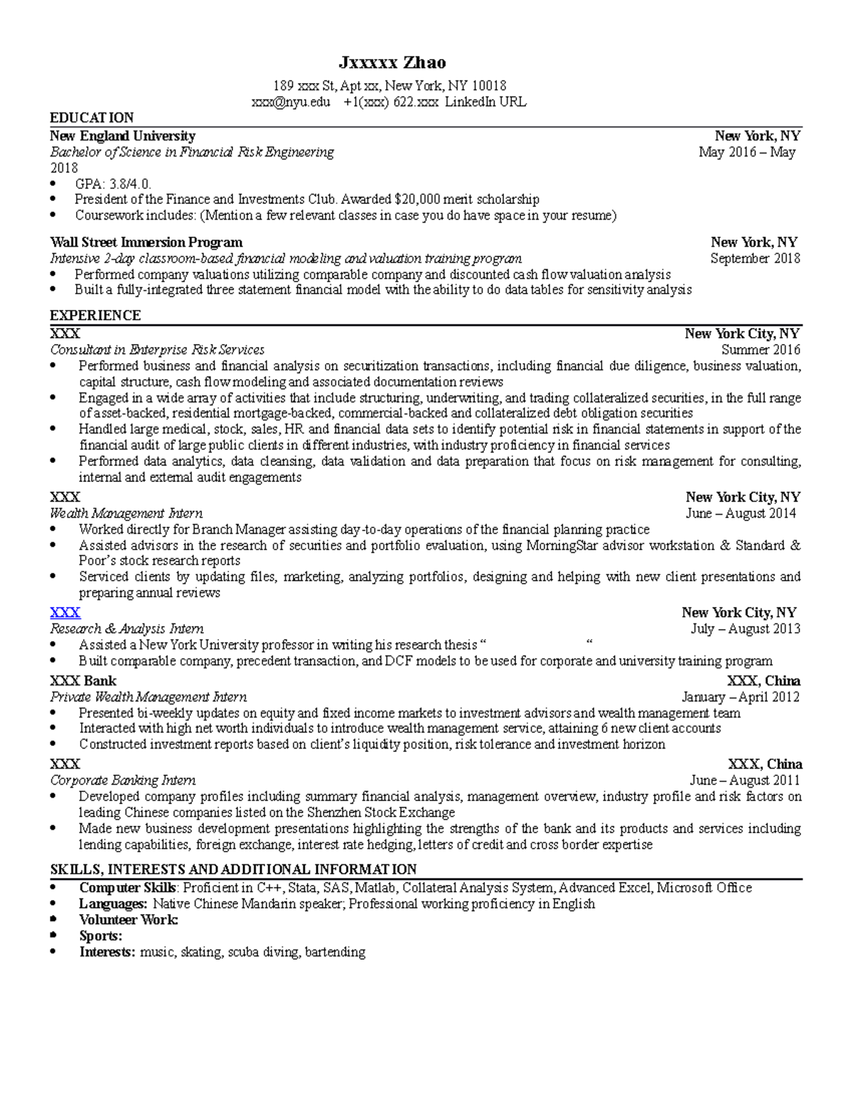 Sample Resume Template for Wall Street Immersion Program - Jxxxxx Zhao ...