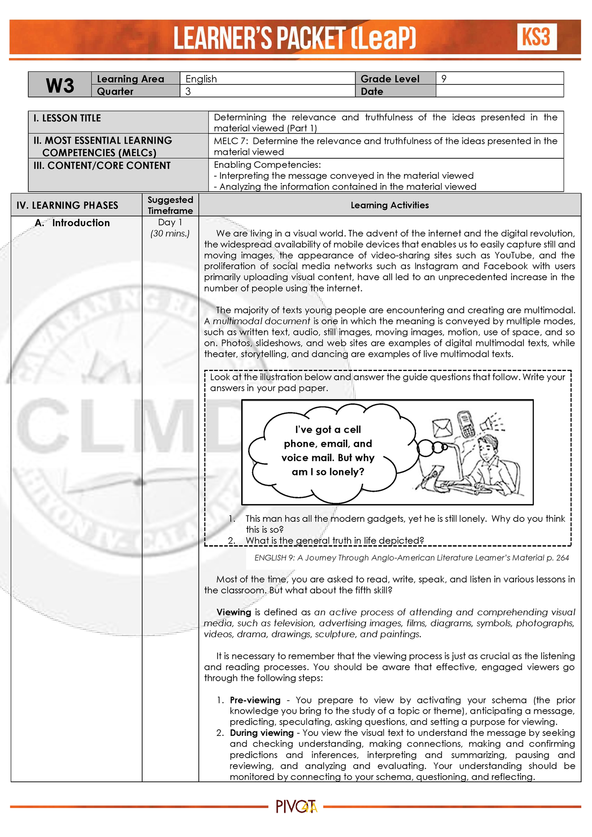 English 9 Q3 Week 3 - W Learning Area English Grade Level 9 Quarter 3 ...