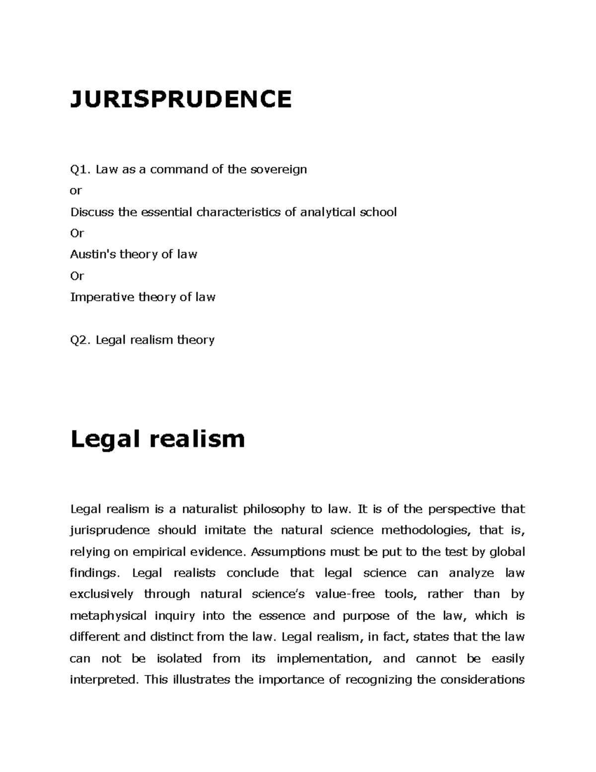 100 MARKS PATTERN Jurisprudence notes JURISPRUDENCE Q1. Law as a