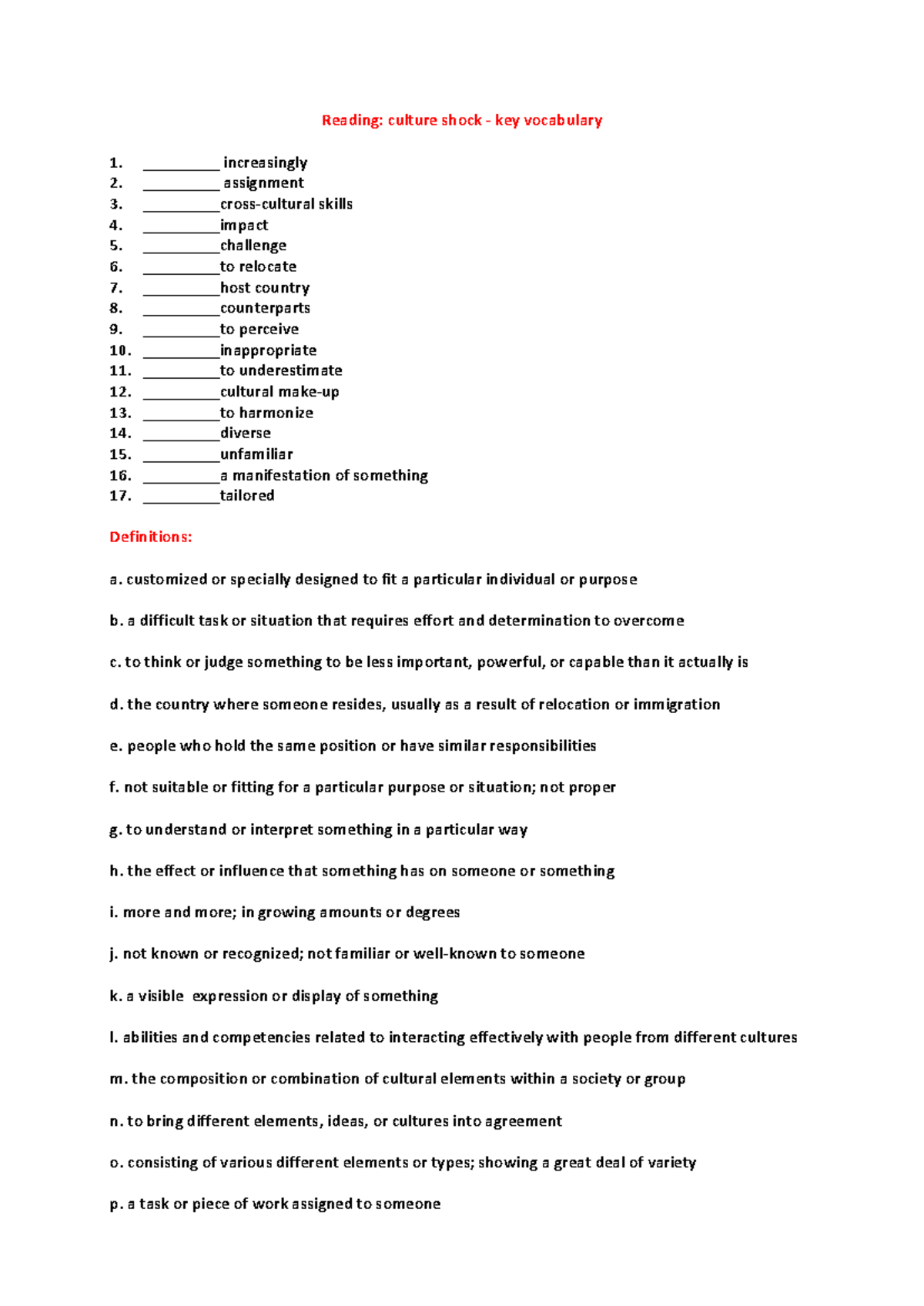 Culture shock reading key vocabulary - Reading: culture shock - key ...