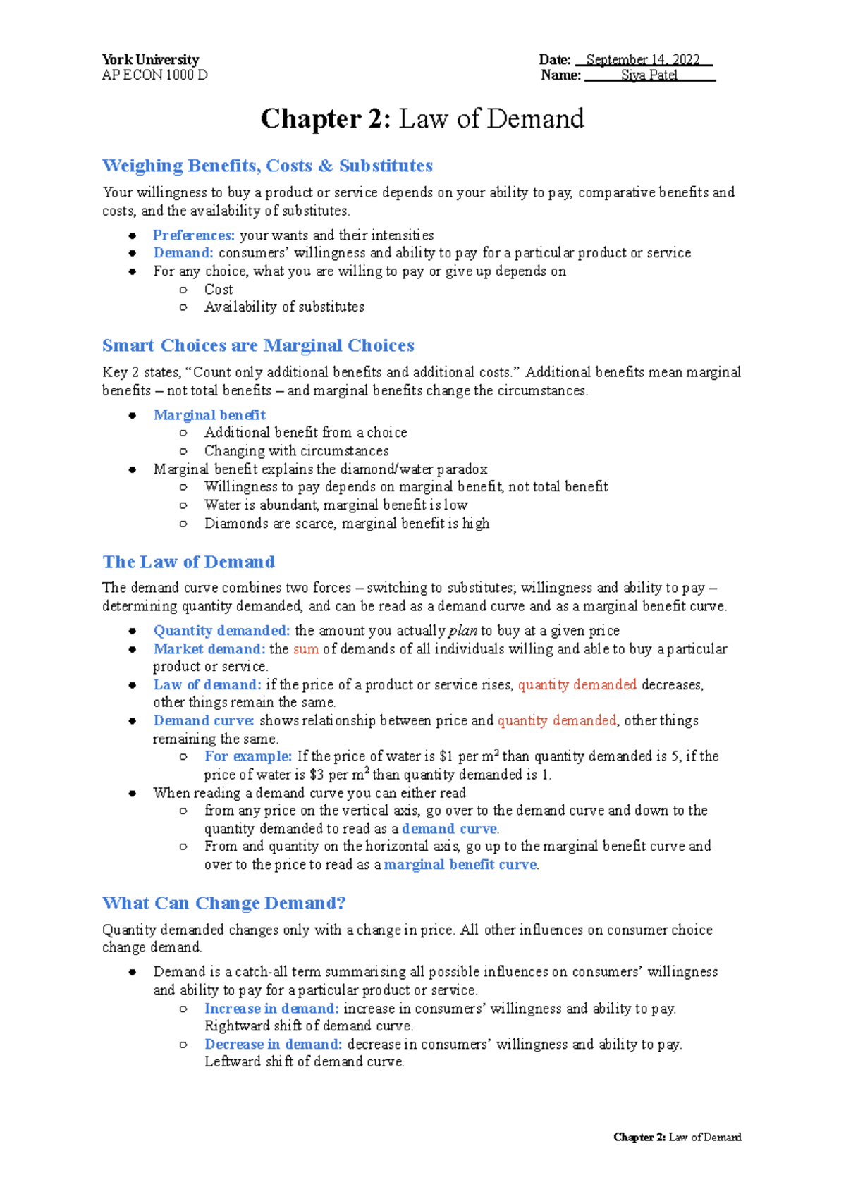 AP ECON 1000 Chapter 2 Law of Demand - York University Date: September ...