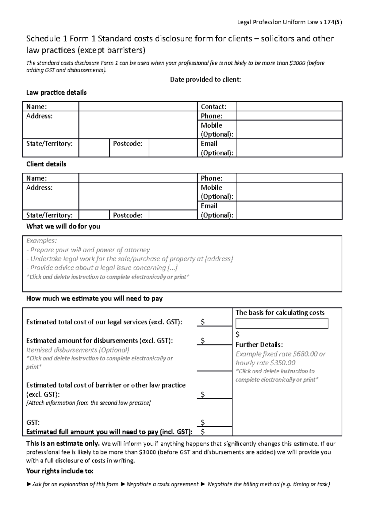 Form 1 solicitor standard costs Legal Profession Uniform Law s 174(5