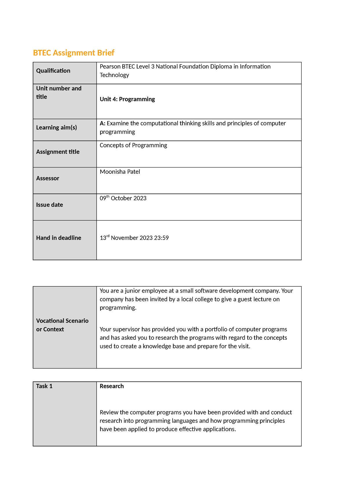 Unit 4 Assignment 1 Btec Assignment Brief Qualification Pearson Btec Level 3