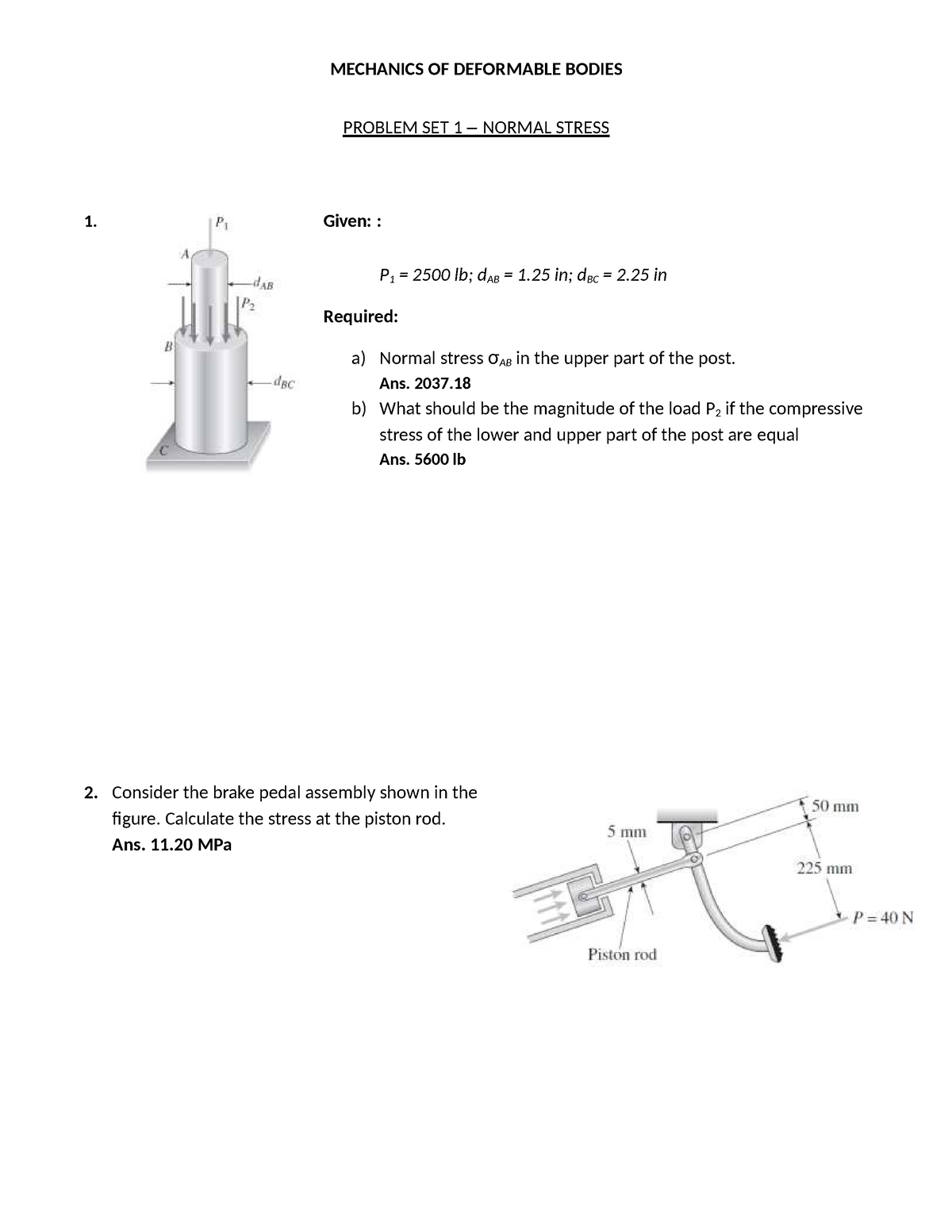 Strength Of Materials Problem Set 1 - Normal Stress - Mechanics 2 ...