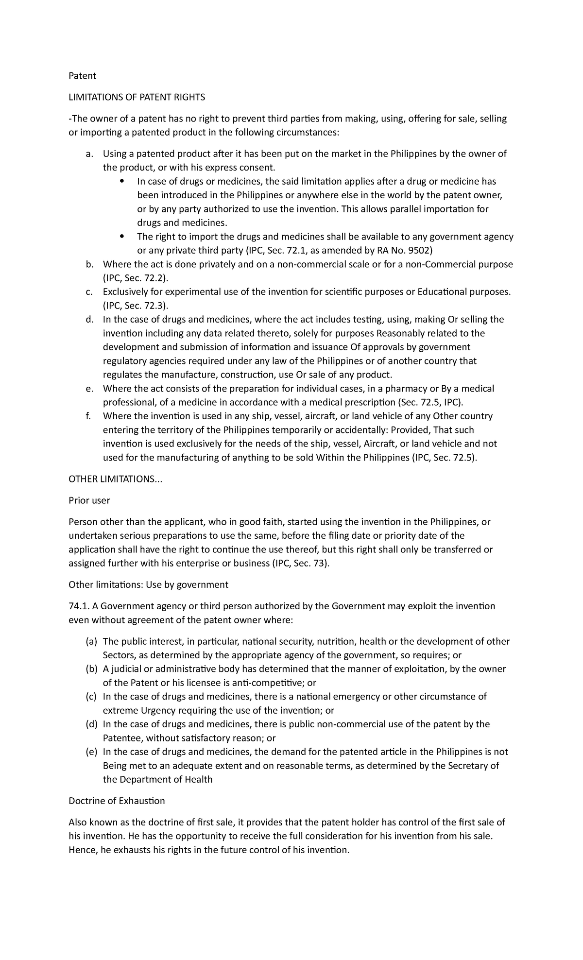 IPC - Lecture in Intellectual Property (limitation on right to patent ...