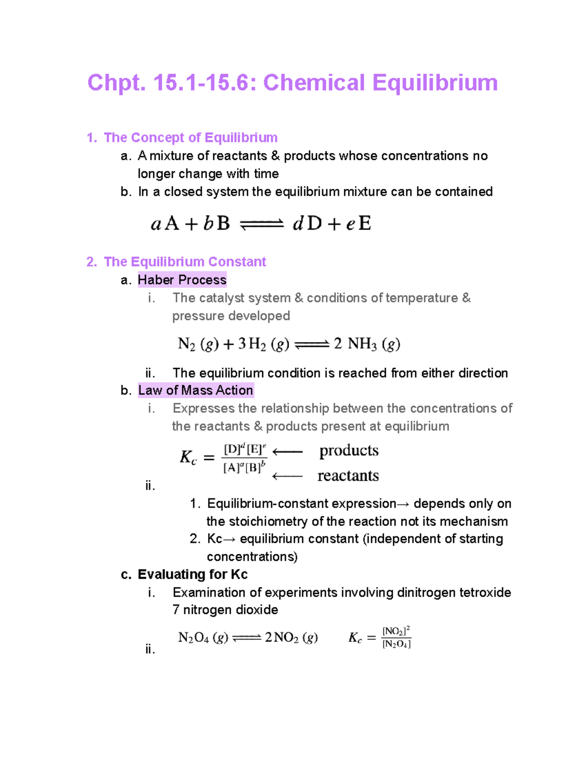 Chpt. 15 Notes -2 - Chpt. 15-15: Chemical Equilibrium 1. The Concept Of ...