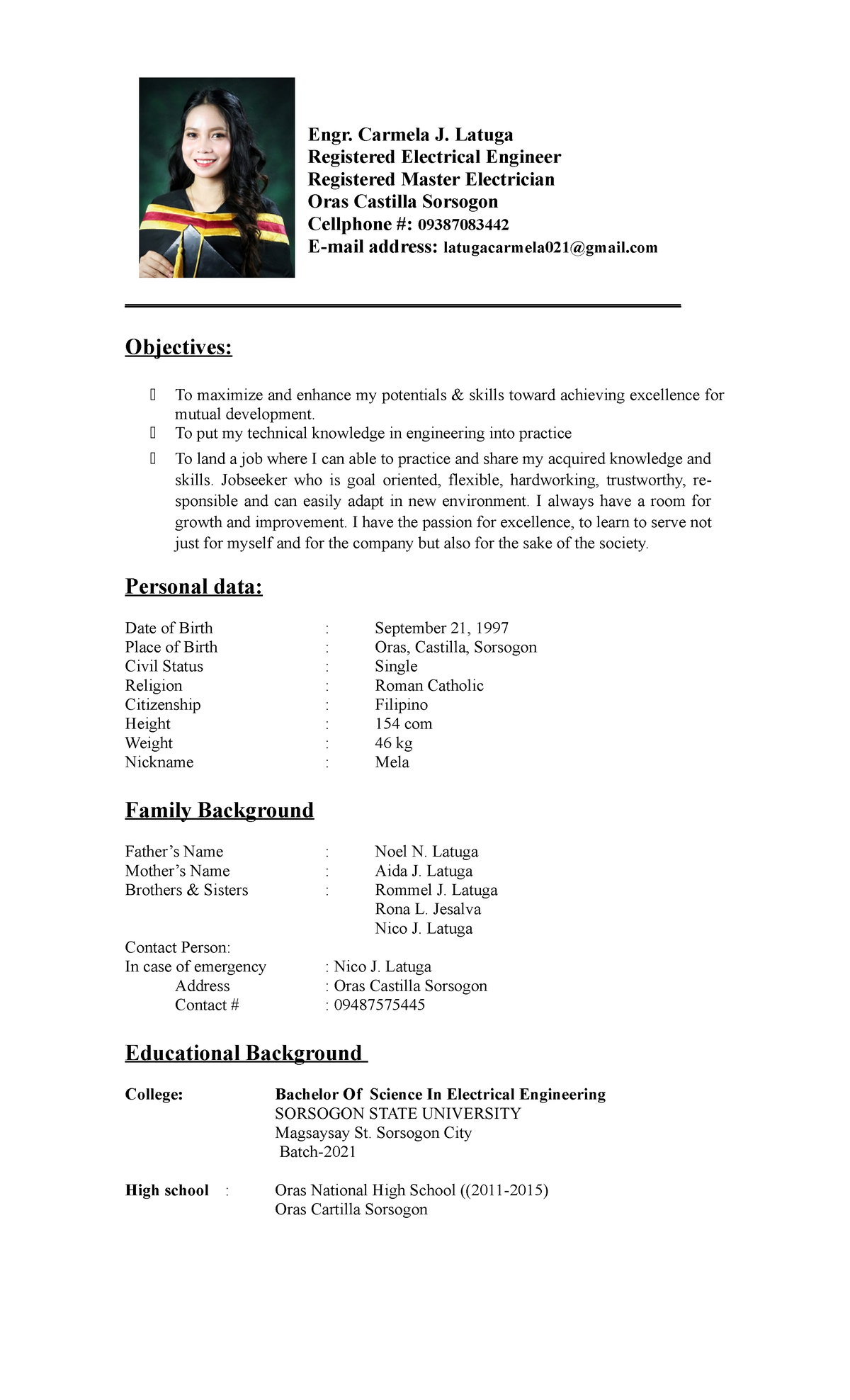 Resume Carmela Latuga - Application Documents - Electrical Engineering ...