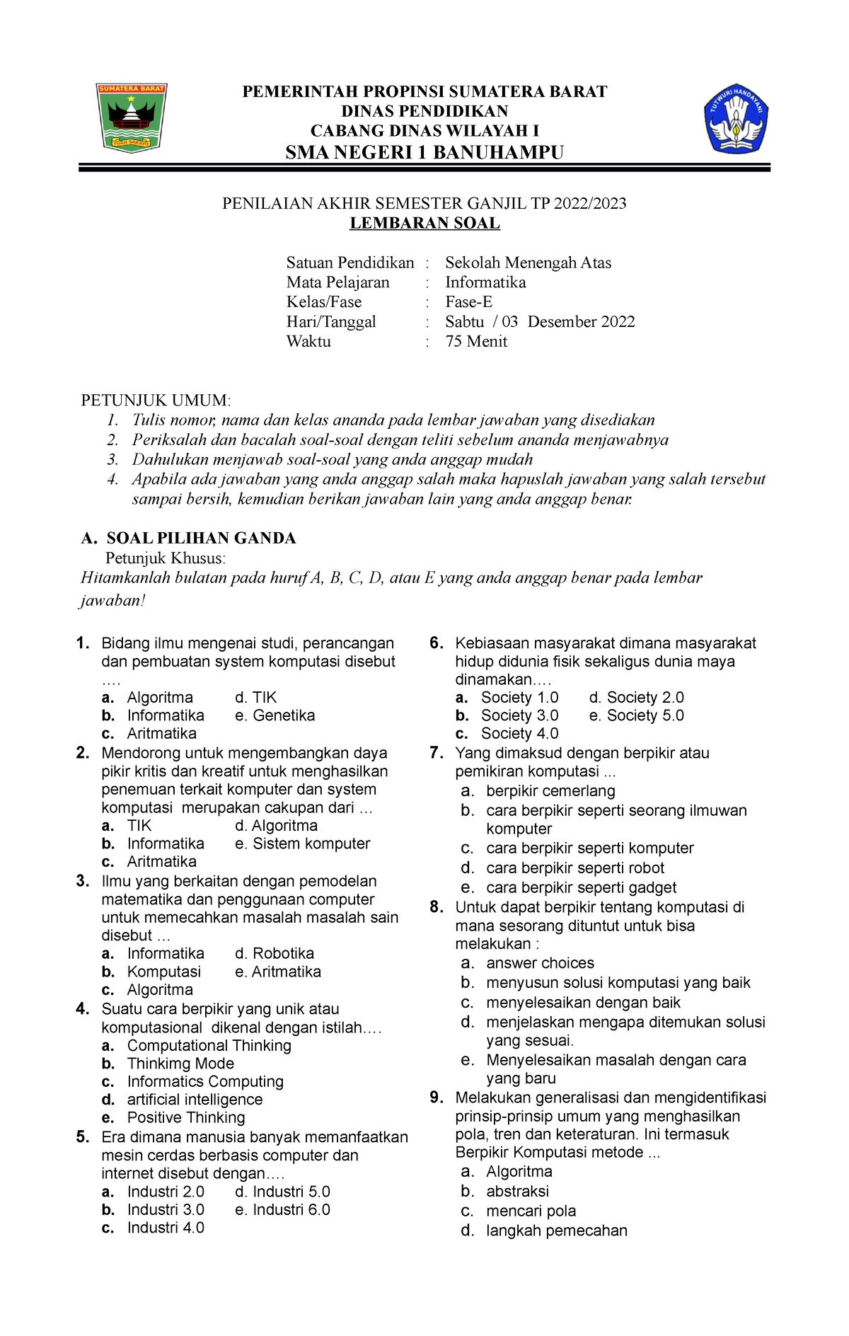 Soal Ujian Sem1-fase-E 2022 - PEMERINTAH PROPINSI SUMATERA BARAT DINAS ...