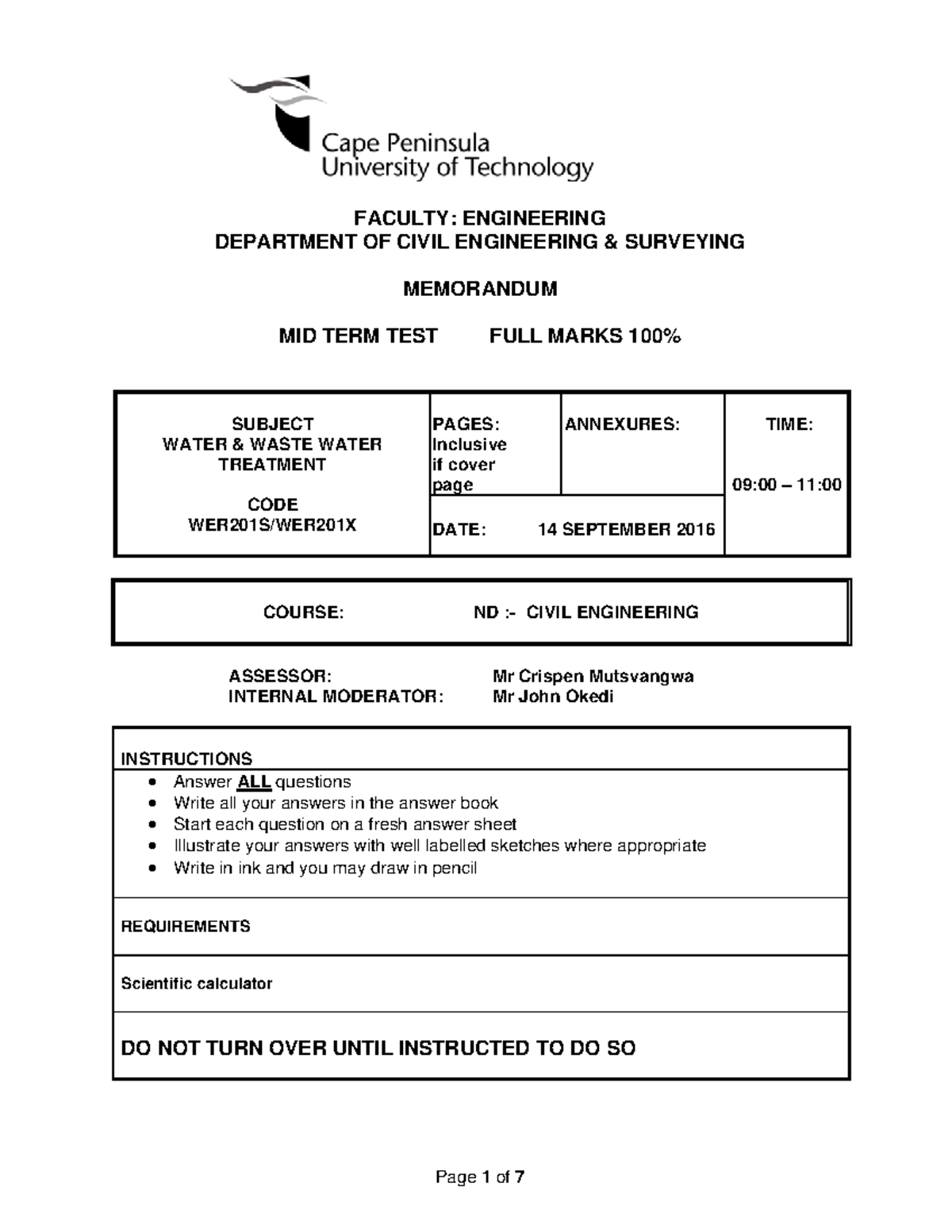 Test 12 14 September 2016, Questions And Answers - Page 1 Of 7 Faculty 