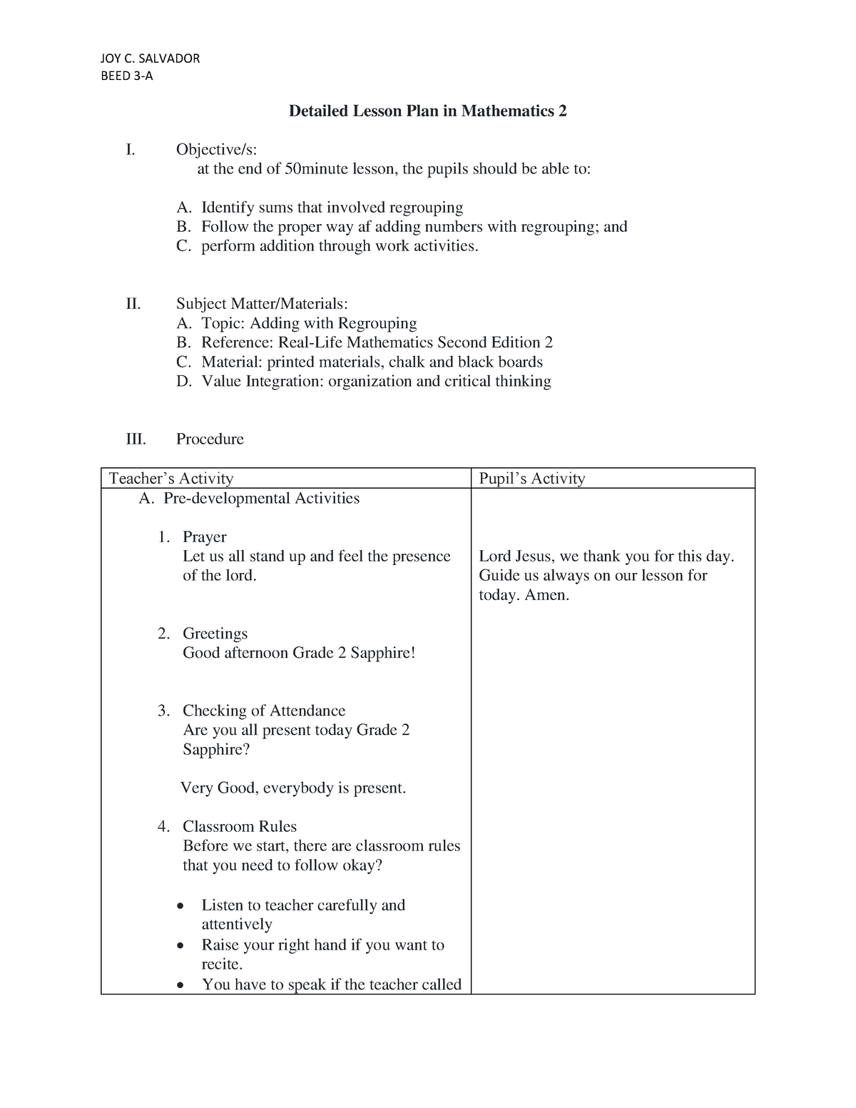 Adding WITH Regrouping Lesson PLAN 2 BEED 3 A Detailed Lesson Plan In 