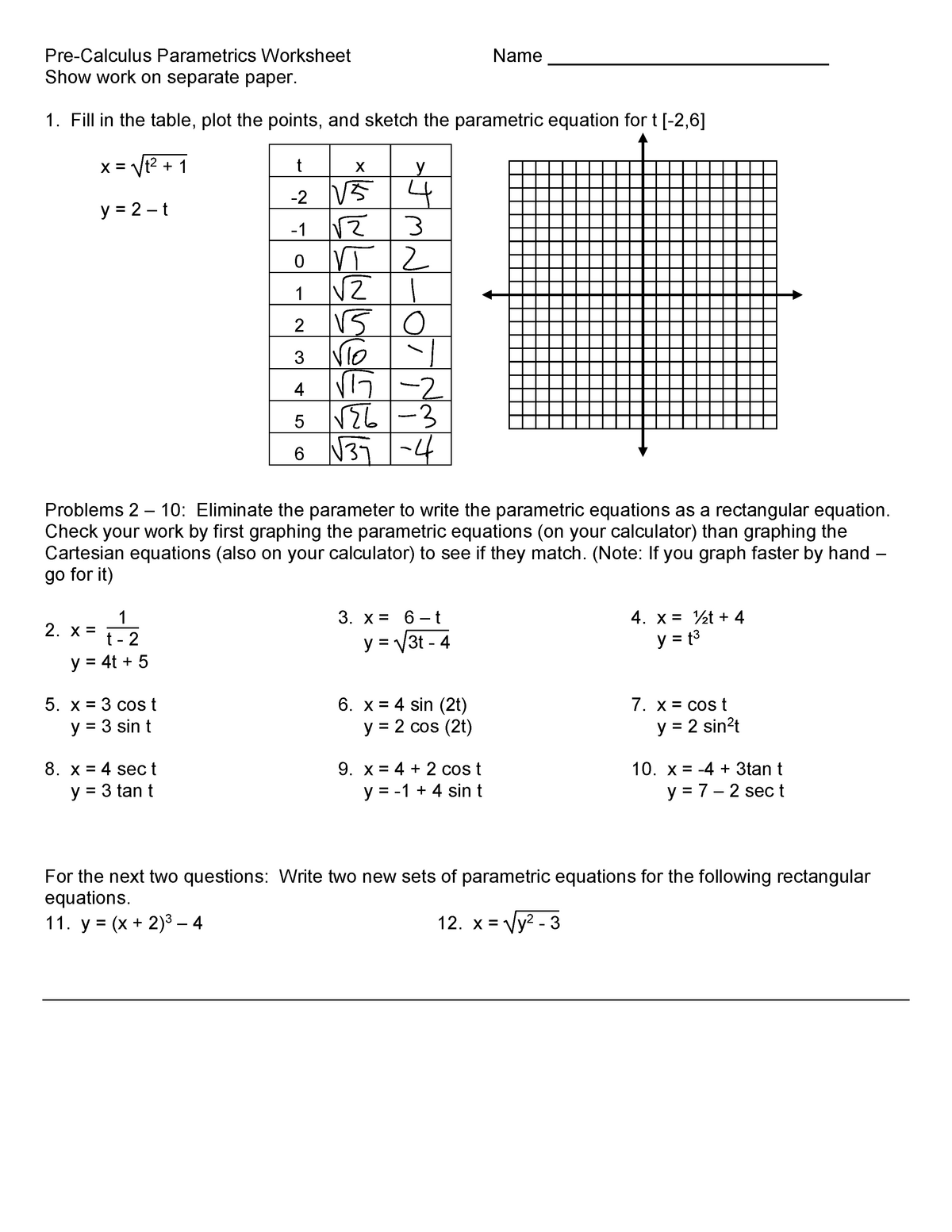 pre calculus parametrics worksheet