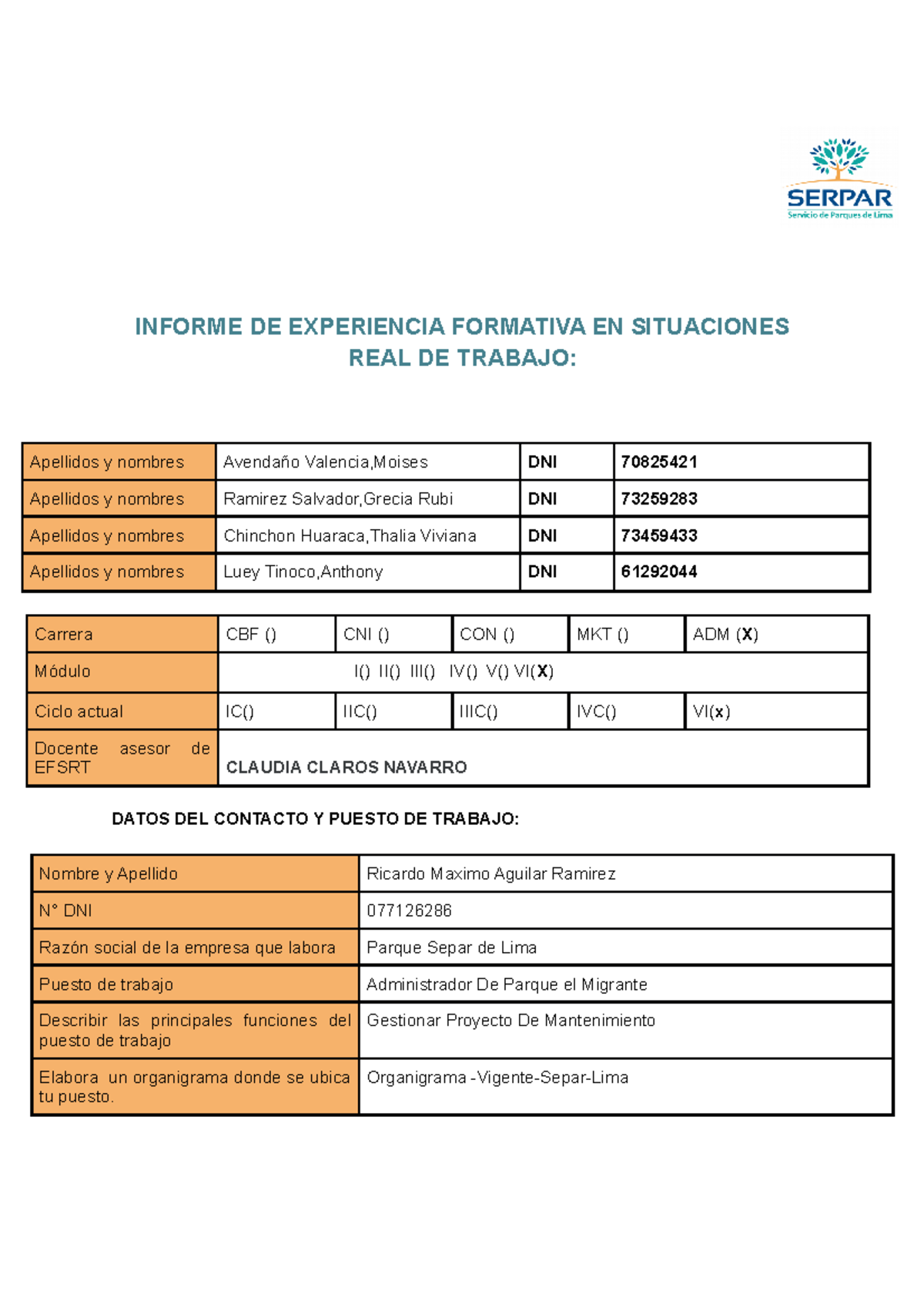 Informe DE Experiencia Formativa EN Situaciones REAL DE Trabajo ...