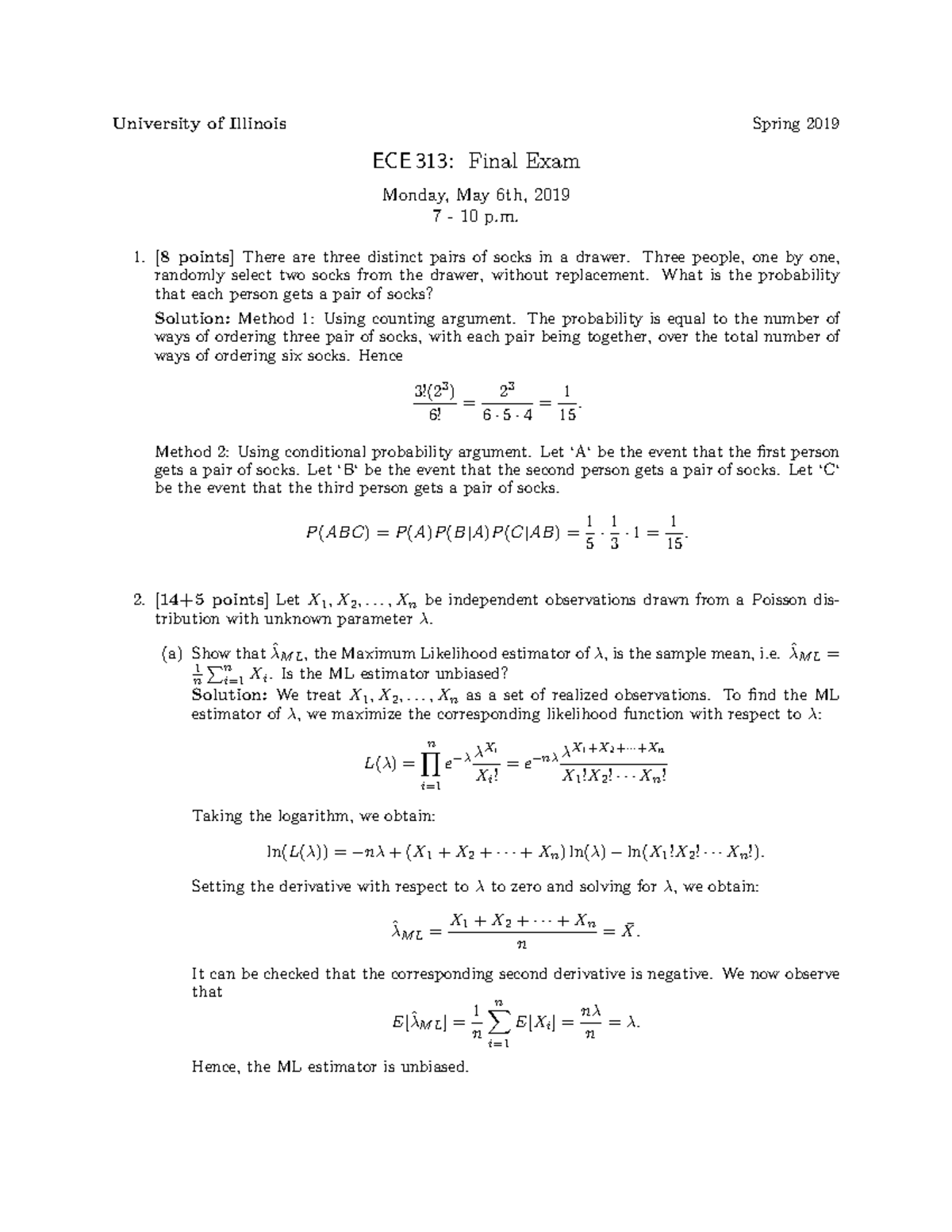 ECE 313 Final Exam Solutions - University of Illinois Spring 2019 ECE ...