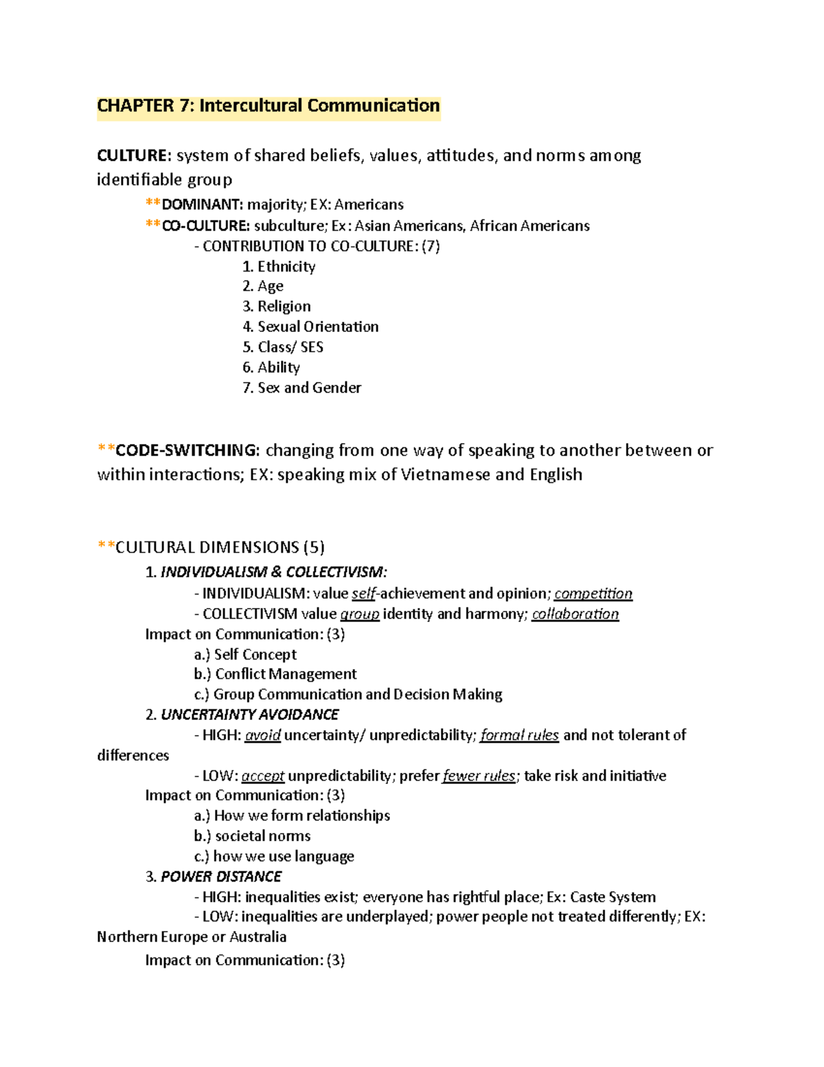 COMG 151 EXAM 2 - notes - CHAPTER 7: Intercultural Communicaon CULTURE ...