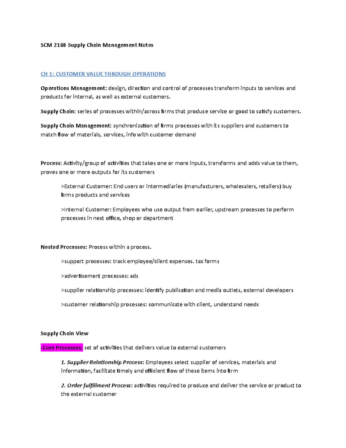 SCM 2160 Chapter 1 Notes - SCM 2160 Supply Chain Management Notes CH 1 ...