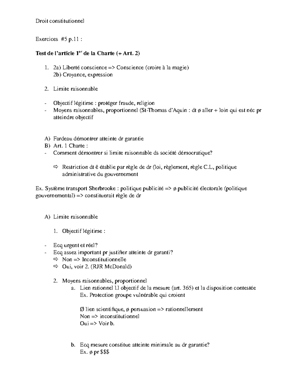 Cours 5 Alexandre Morin Exercices 11 Test De Article 1er De La Charte Art 2a Libert Conscience Conscience Croire La Magie 2b Croyance Expression Limite Studocu