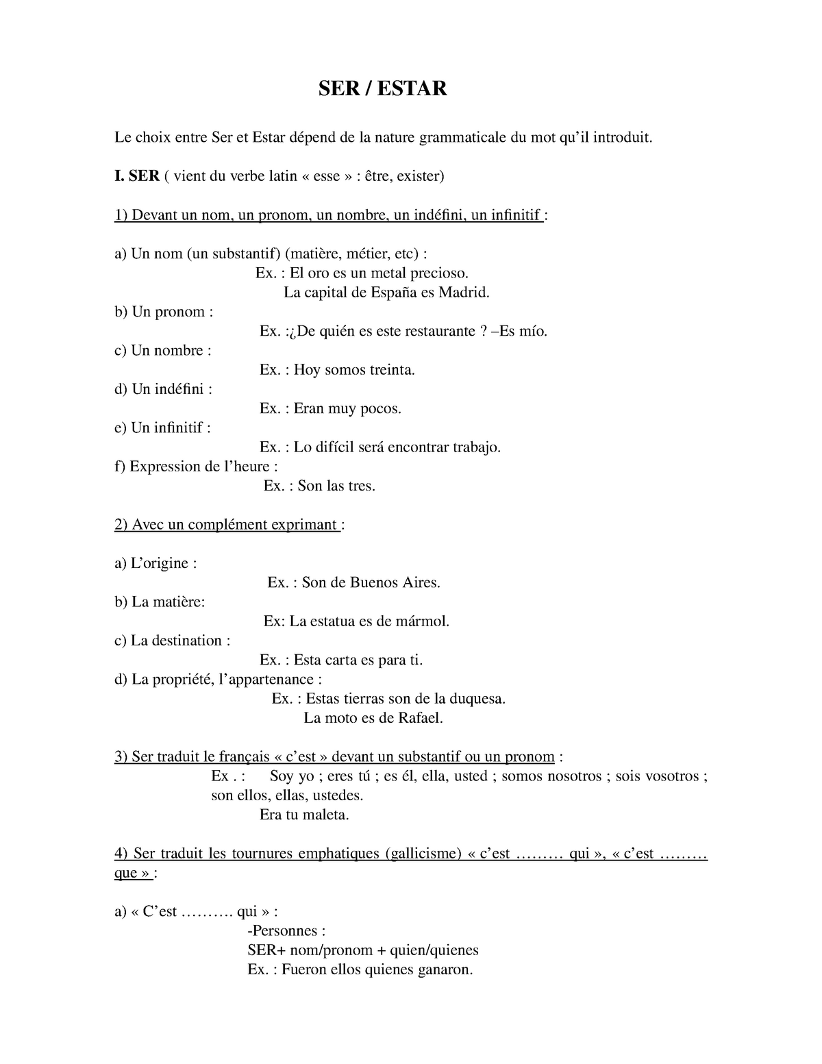 Cours De Grammaire Espagnol L Emploi Des Auxiliaires Ser Et Estar Studocu