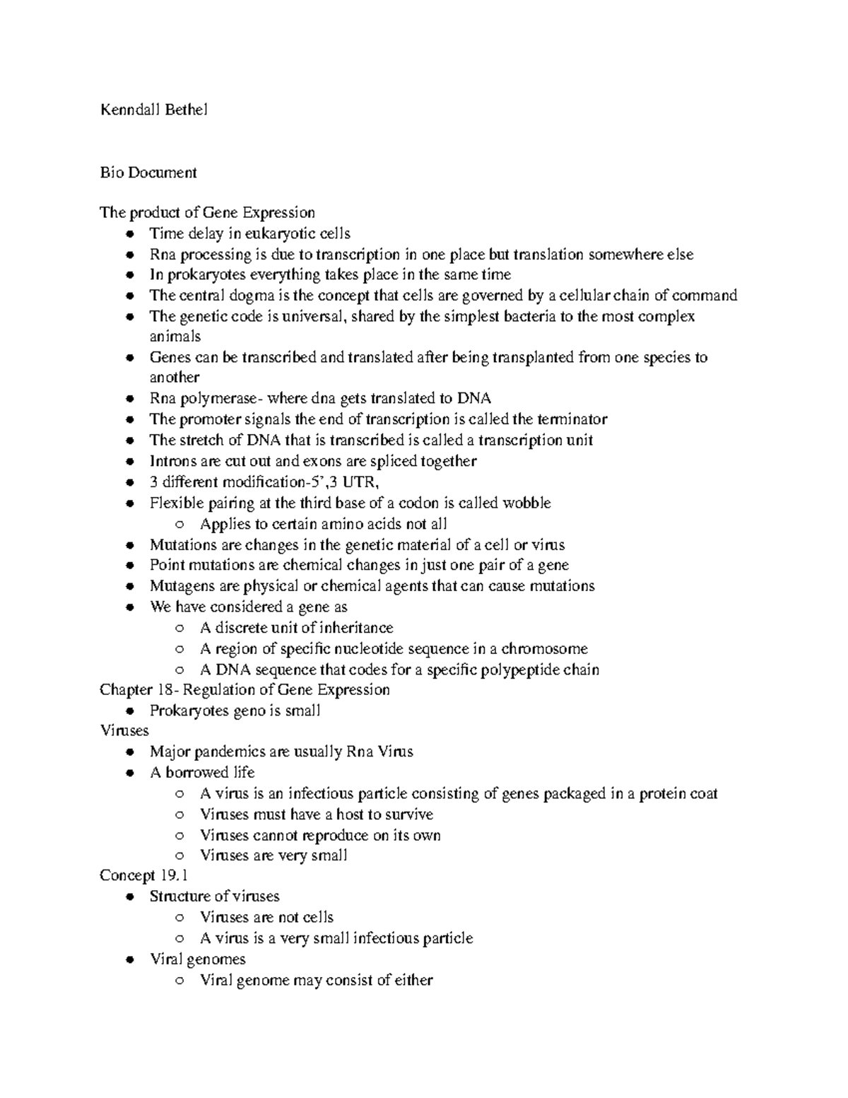 Bio Document-2 - Biology lecture notes for test - Kenndall Bethel Bio ...