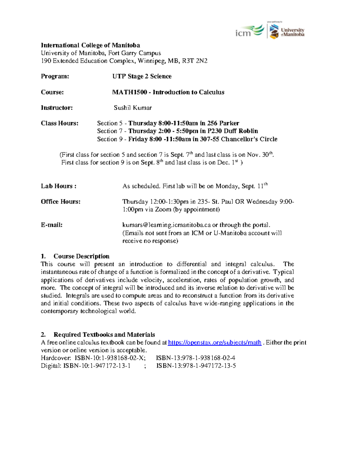 Fall 2023Course OutlineMATH 1500 International College of Manitoba