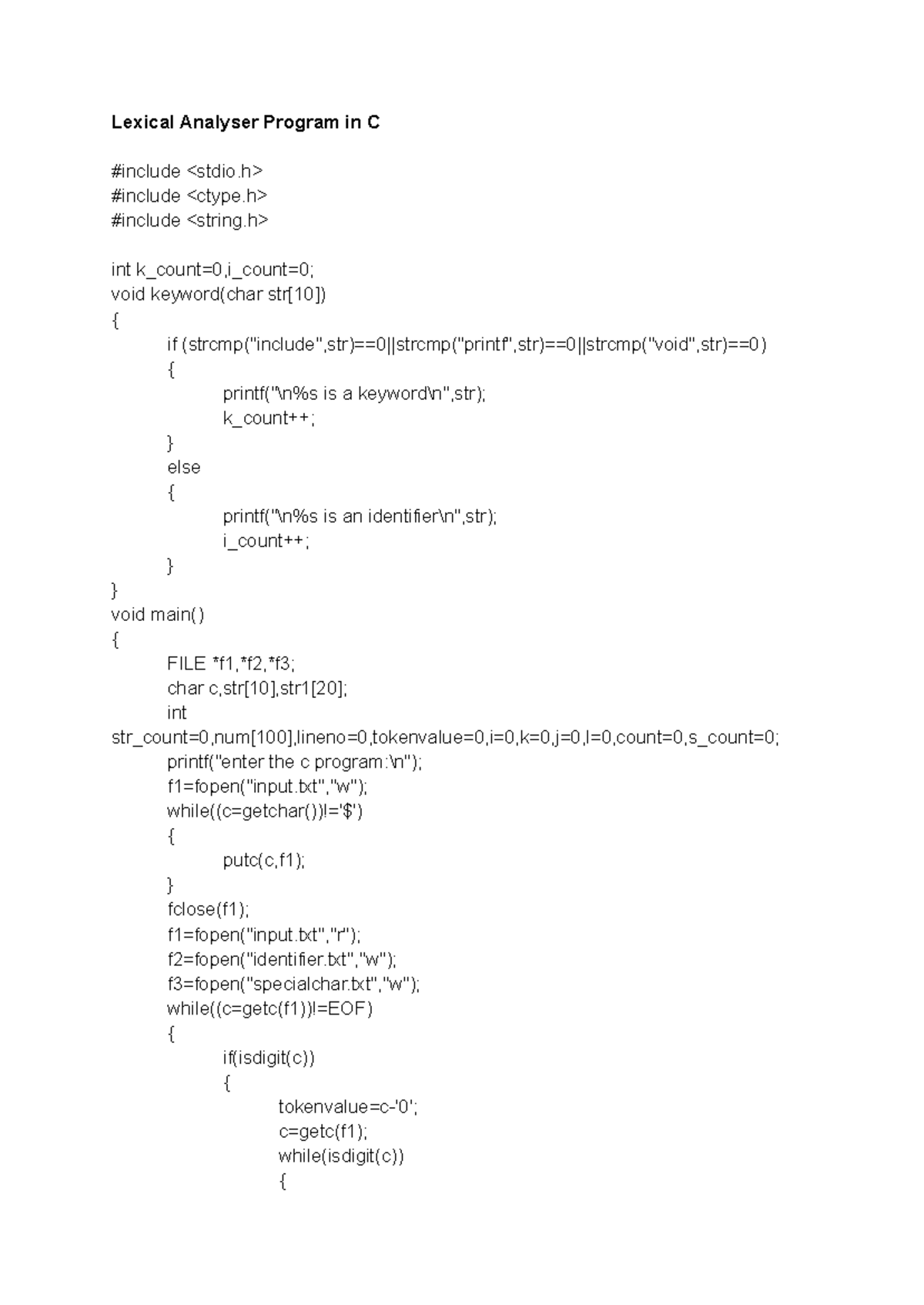 Compiler Lab Programs - Lexical Analyser Program in C #include #include ...
