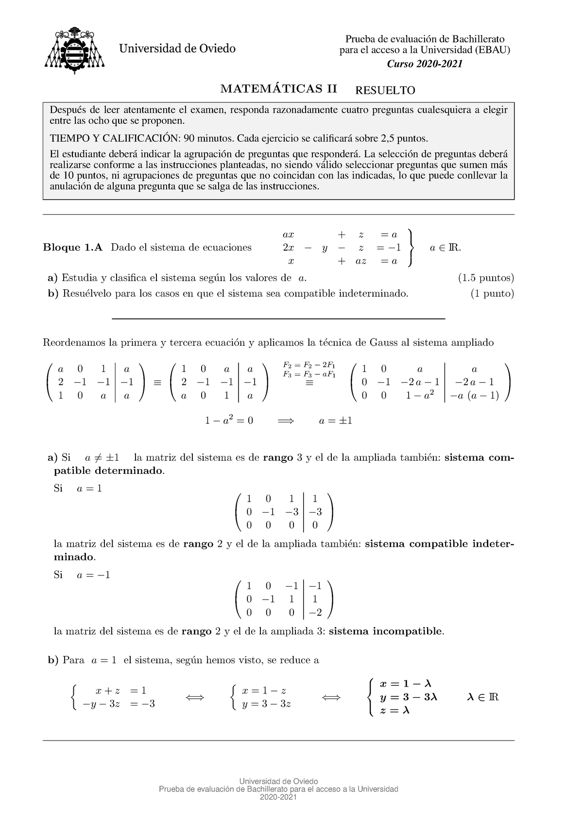 Matemáticas II Examen Resuelto - Para El Acceso A La Universidad (EBAU ...