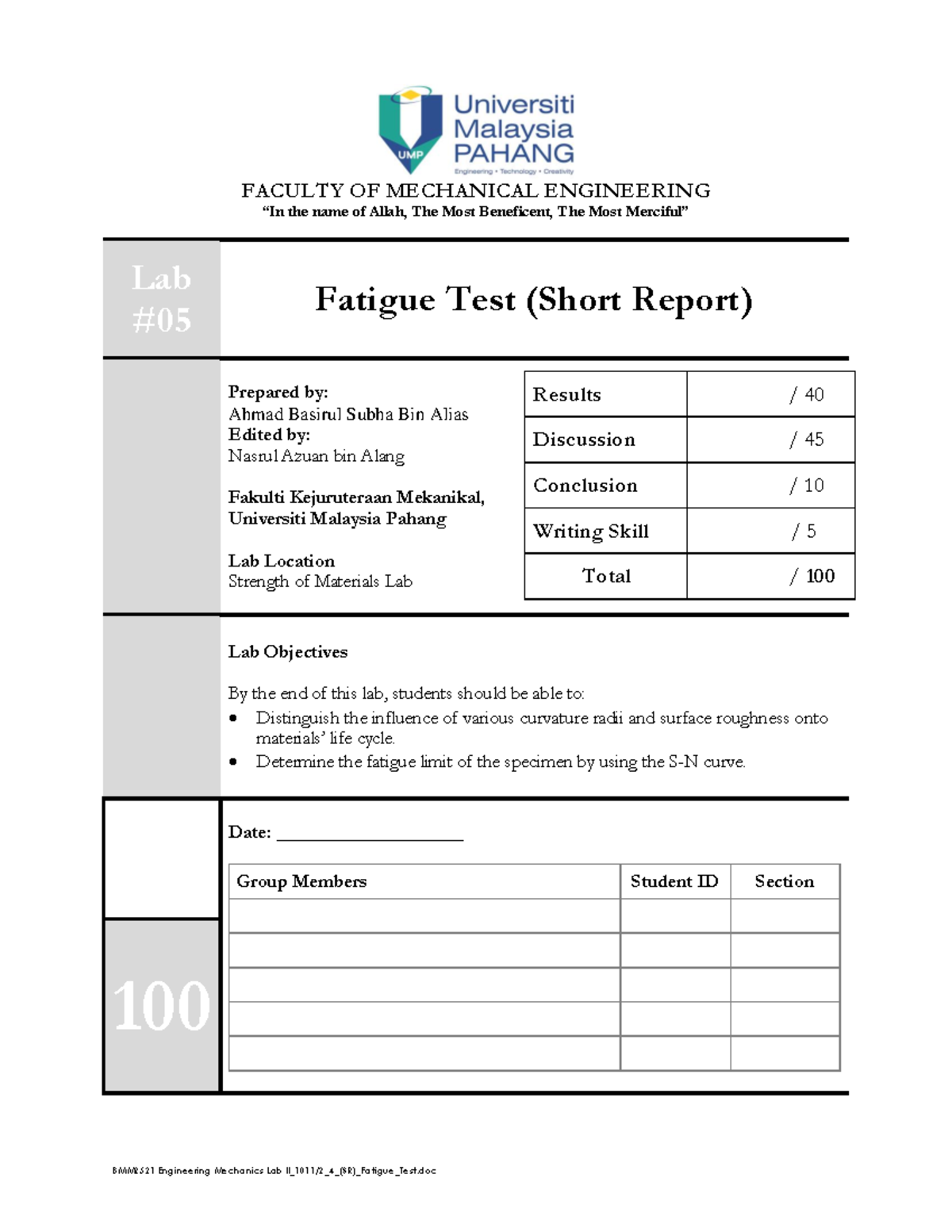 fatigue test experiment lab report