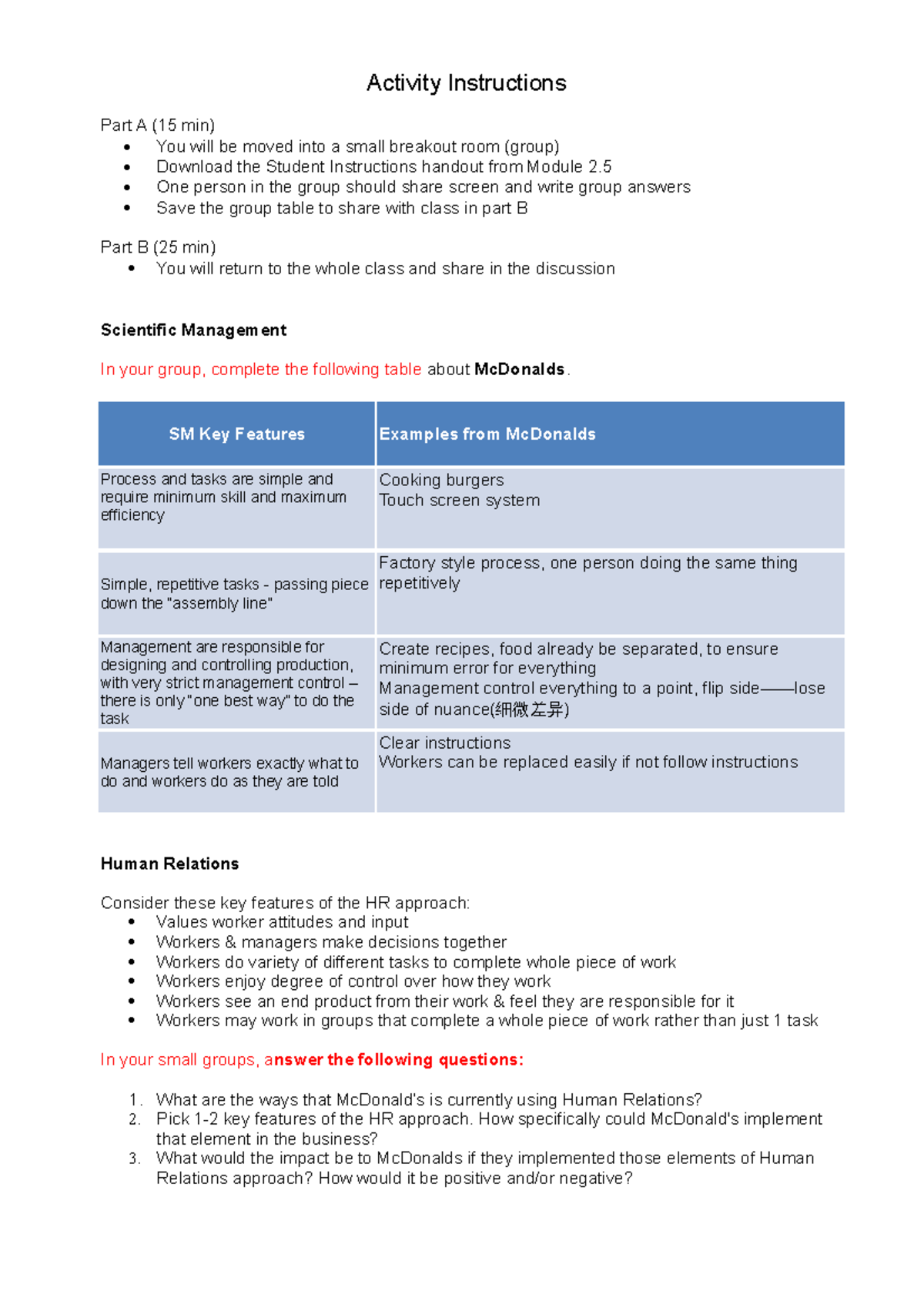 Module 2 (Mgmt Approaches) - Student Instructions handout - Activity ...