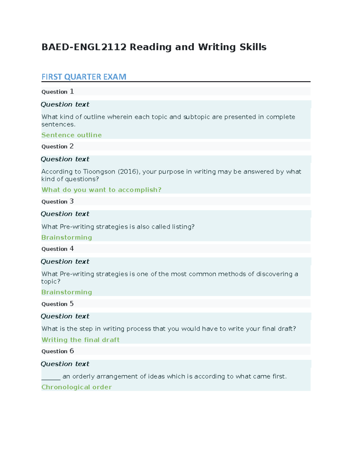Reading and Writing Skills (1st QE) BAEDENGL2112 Reading and Writing
