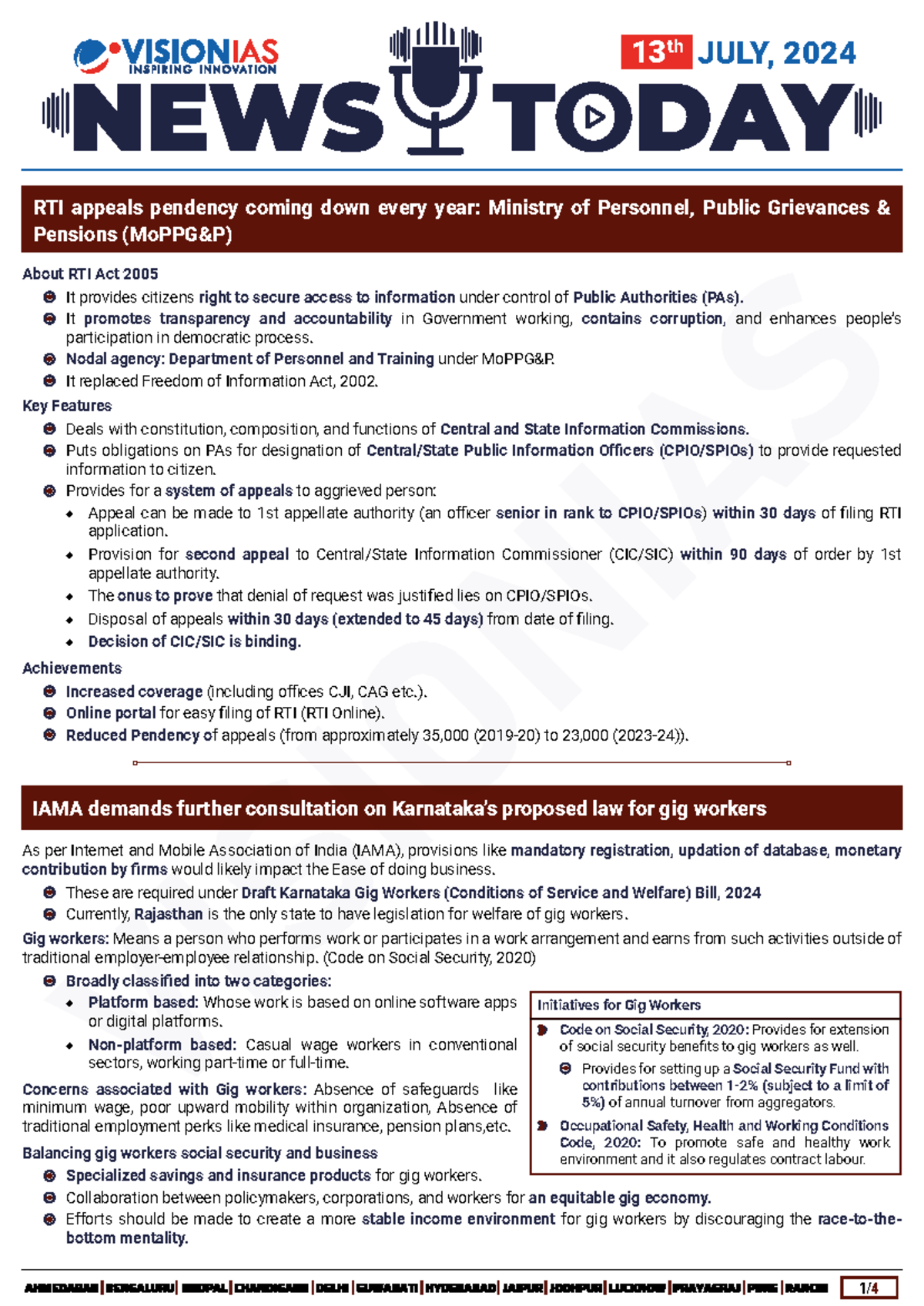 Vision IAS Daily Current Affairs 13 July 2024 - RTI appeals pendency ...