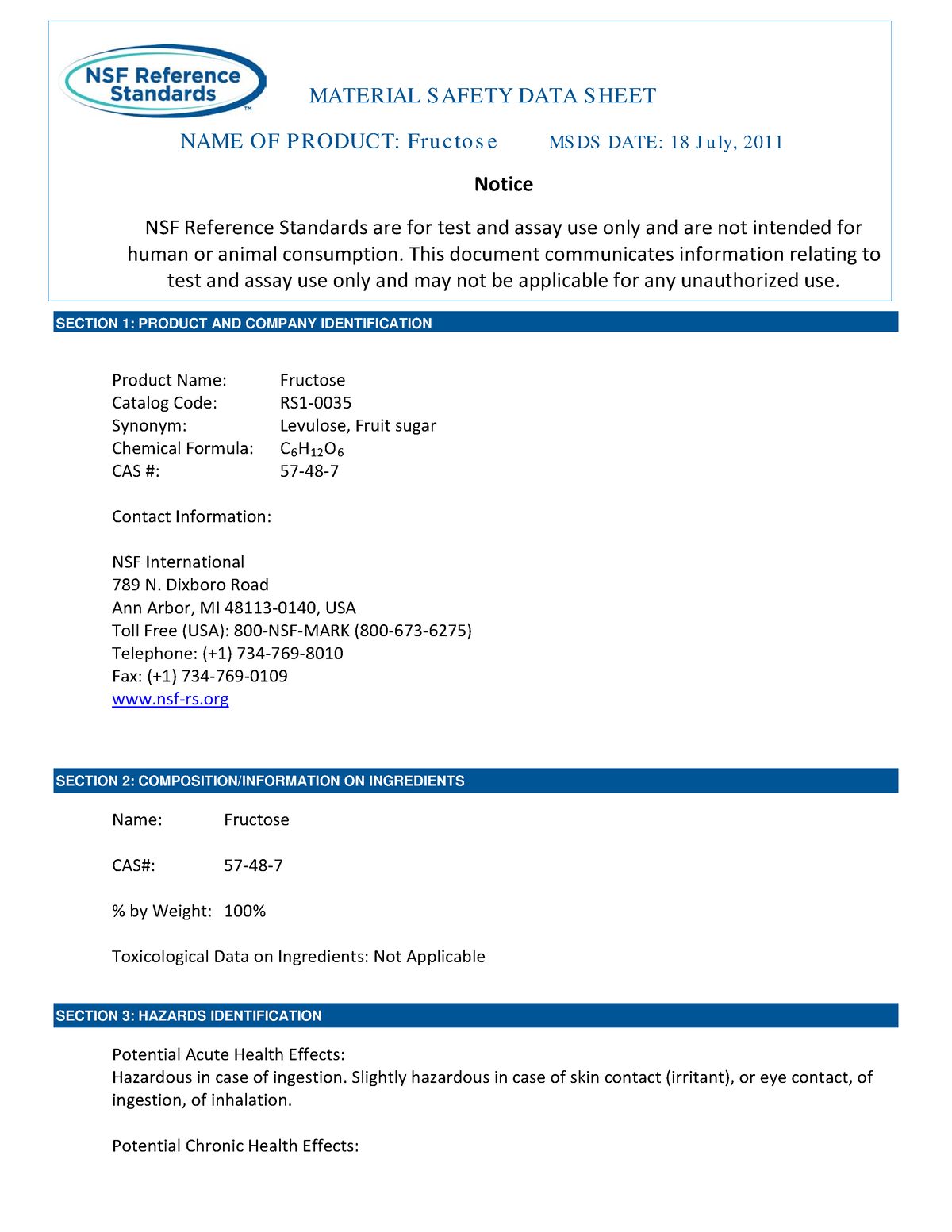 Fructose Msds - Tution - Name Of P Roduct: Fru C To S E Ms Ds Date: 18 