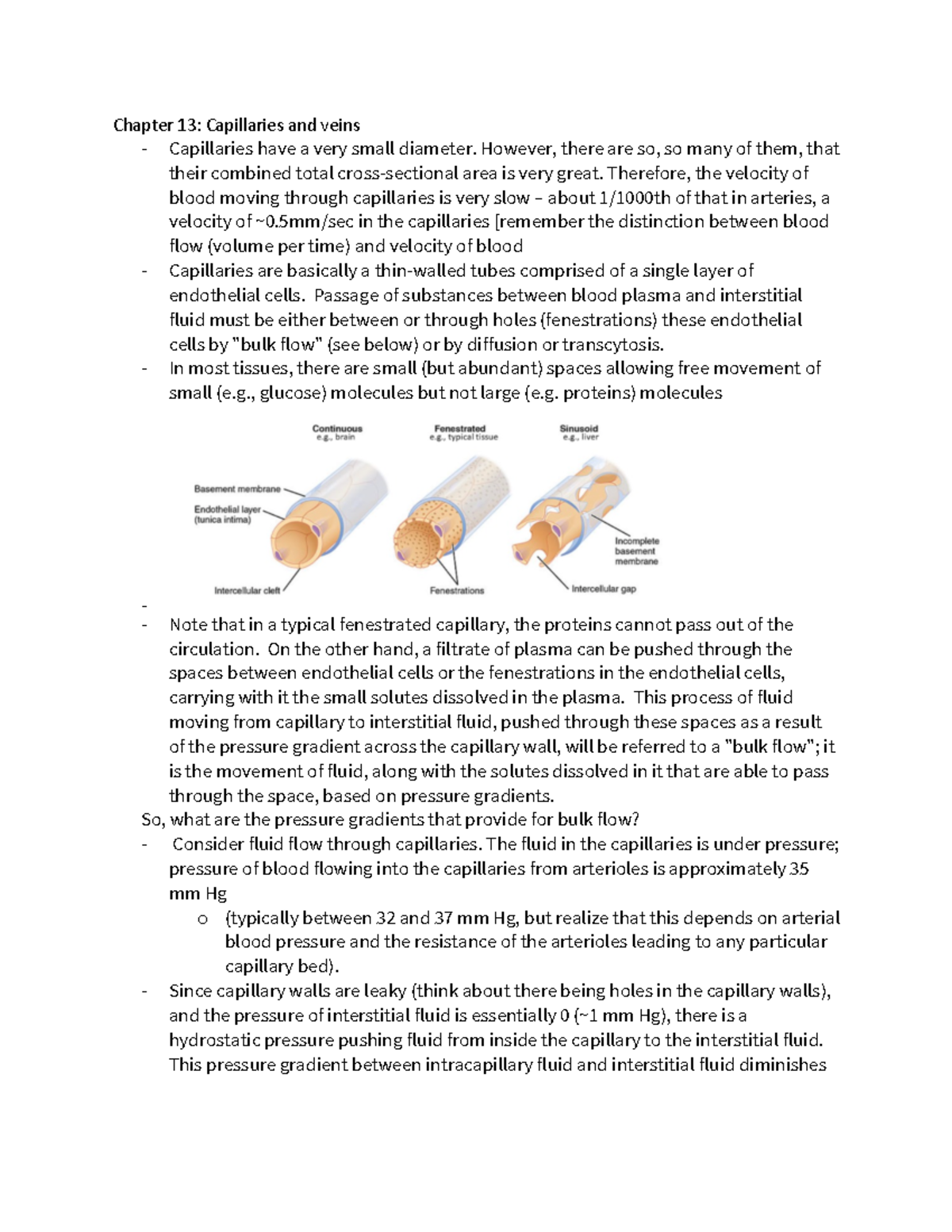 Chapter 13 notes - Chapter 13: Capillaries and veins - Capillaries have ...