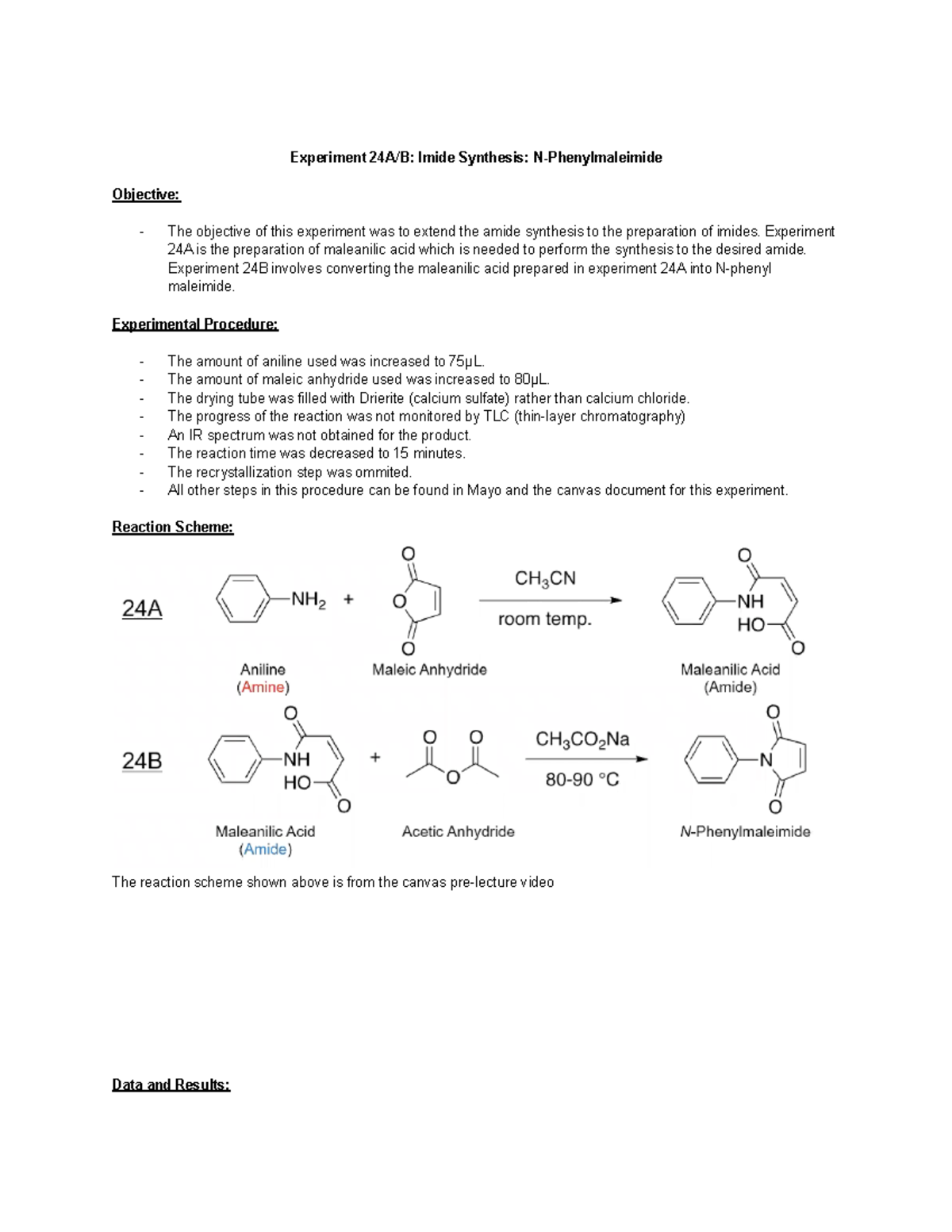 Organic Chemistry 2 Lab 8 Experiment 24A/B Imide Synthesis N