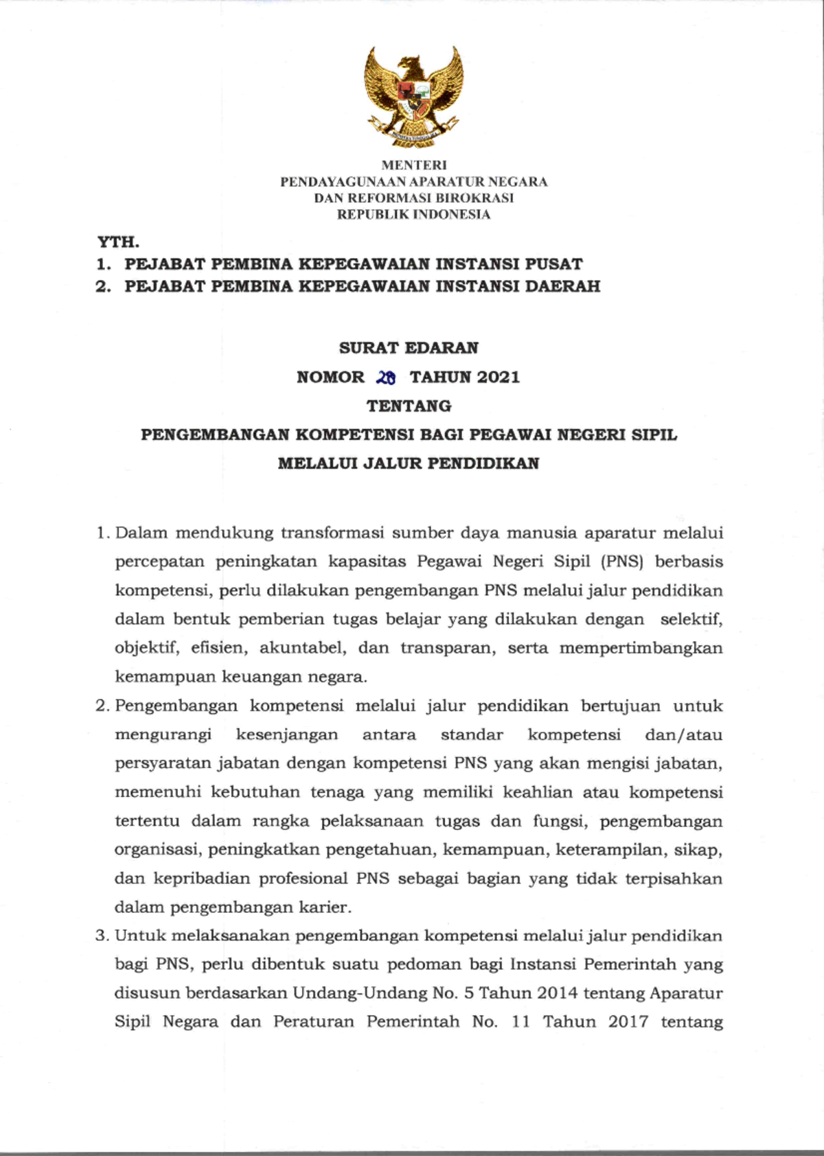 SE Menteri Panrb No. 28 Tahun 2021 Tentang Pengembangan Kompetensi Bagi ...