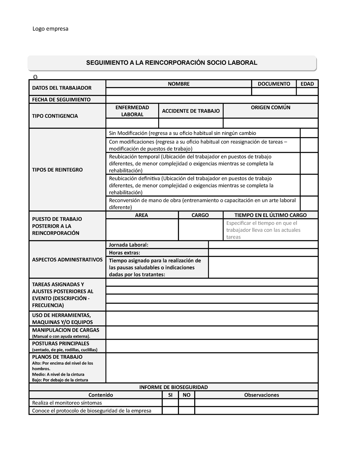 Formato Seguimiento A LA Reincorporacion laboral de los trabajadores - Logo  empresa DATOS DEL - Studocu