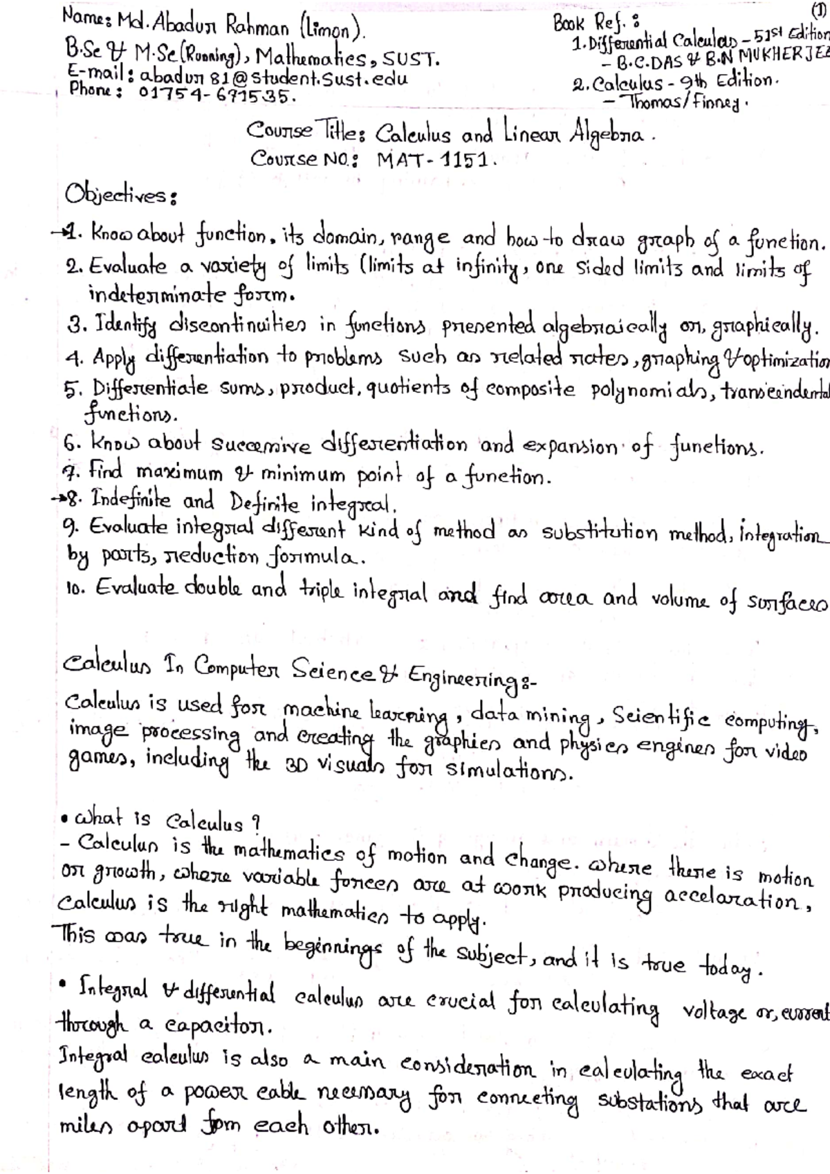 Calculus sheet - Calculus And Linear Algebra - Studocu