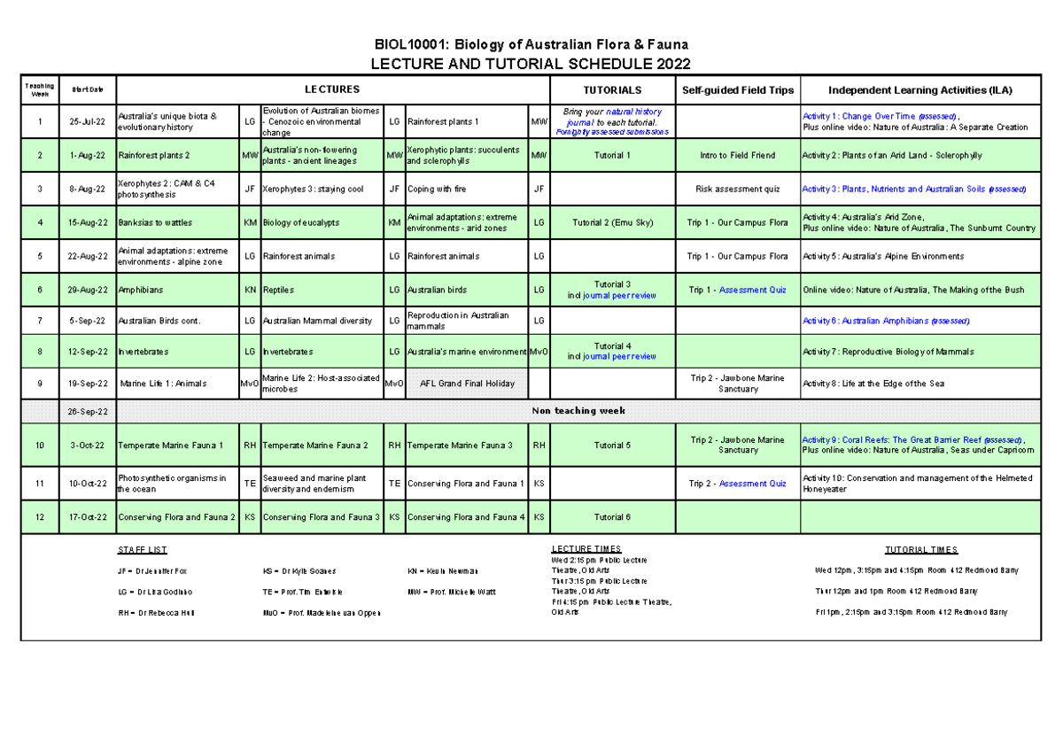 Weekly schedule - Teaching Week Start Date TUTORIALS Self-guided Field ...
