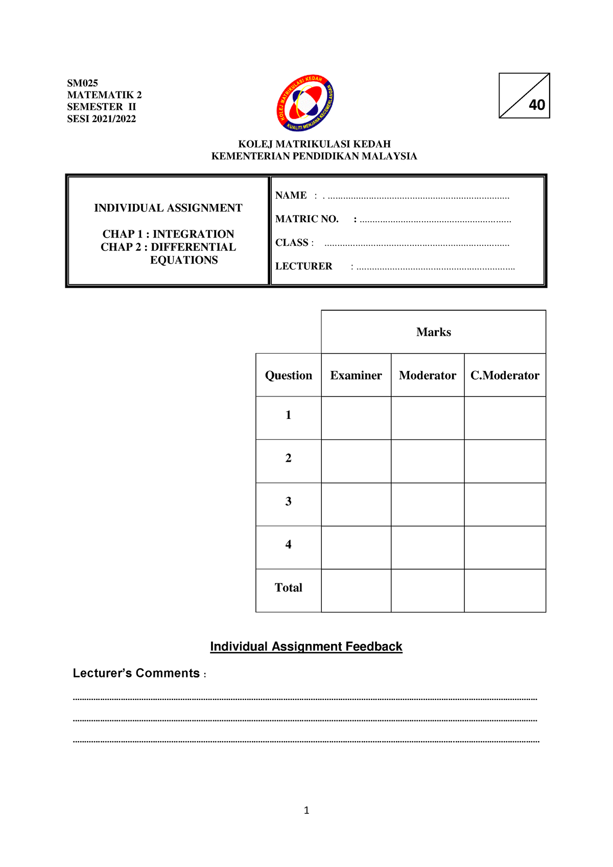 Tugasan Individu SM025 - 1 INDIVIDUAL ASSIGNMENT CHAP 1 : INTEGRATION ...