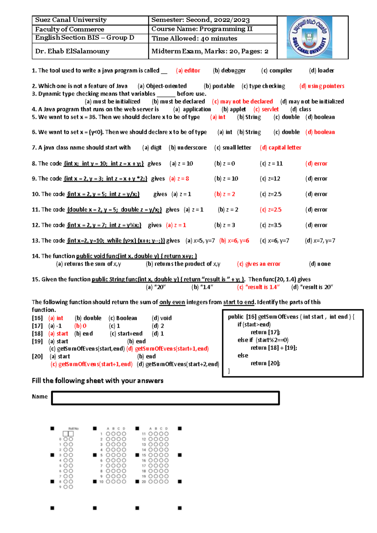 Java-BIS-Midterm D - Midterm Exam - Suez Canal University Semester ...