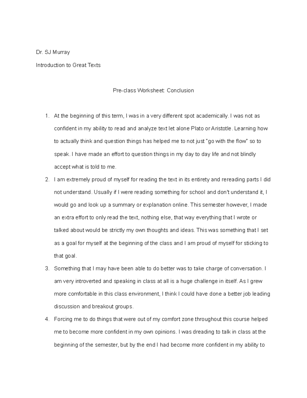 Pre-class Worksheet Conclusion - Dr. SJ Murray Introduction to Great ...