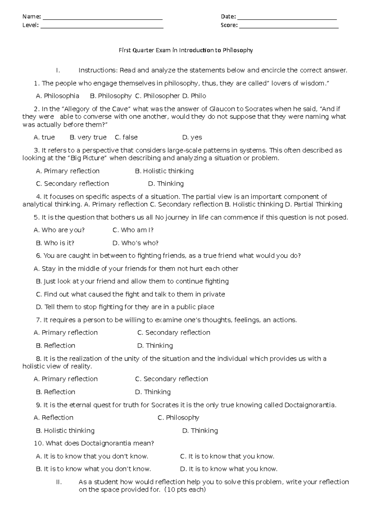 SHS Philo 1st Quarter Exam - Name ...