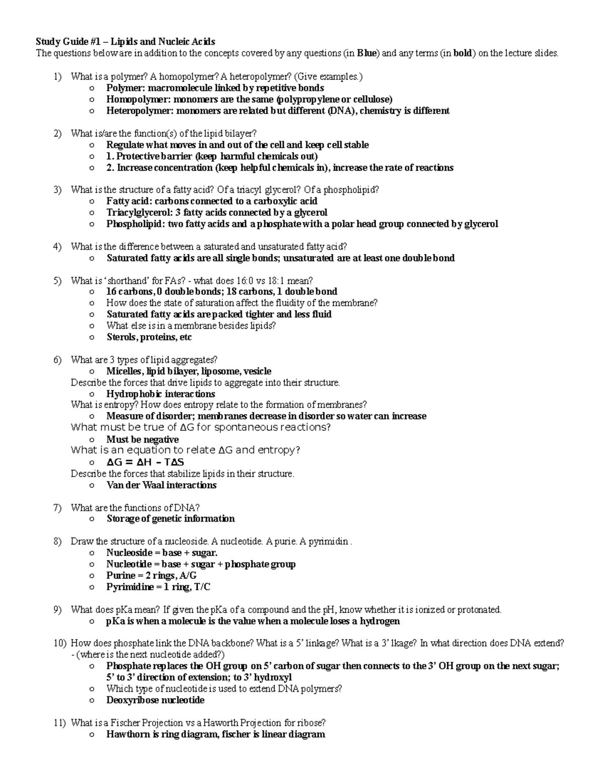 Exam 1 Study Guide Study Guide 1 Lipids and Nucleic Acids The