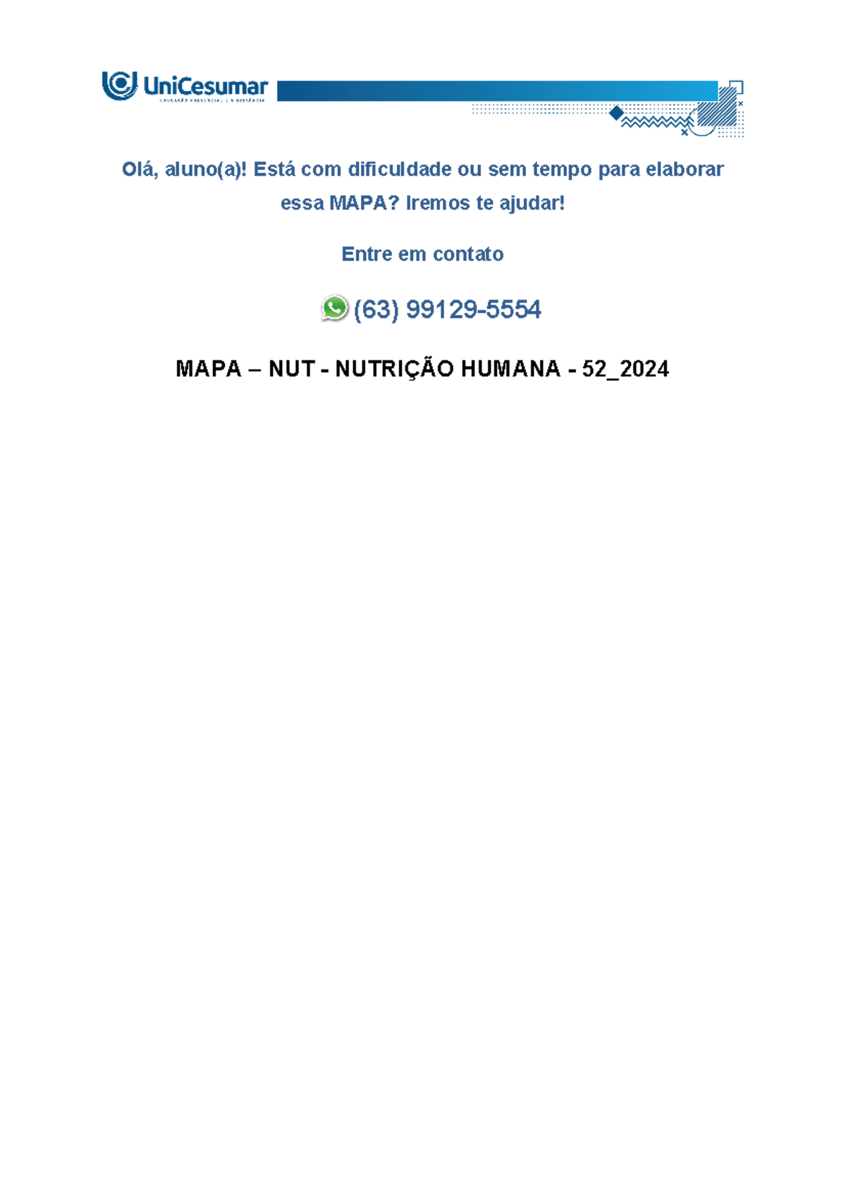 MAPA - NUT - NUTRIÇÃO HUMANA - 52_2024 - Olá, aluno(a)! Está com ...
