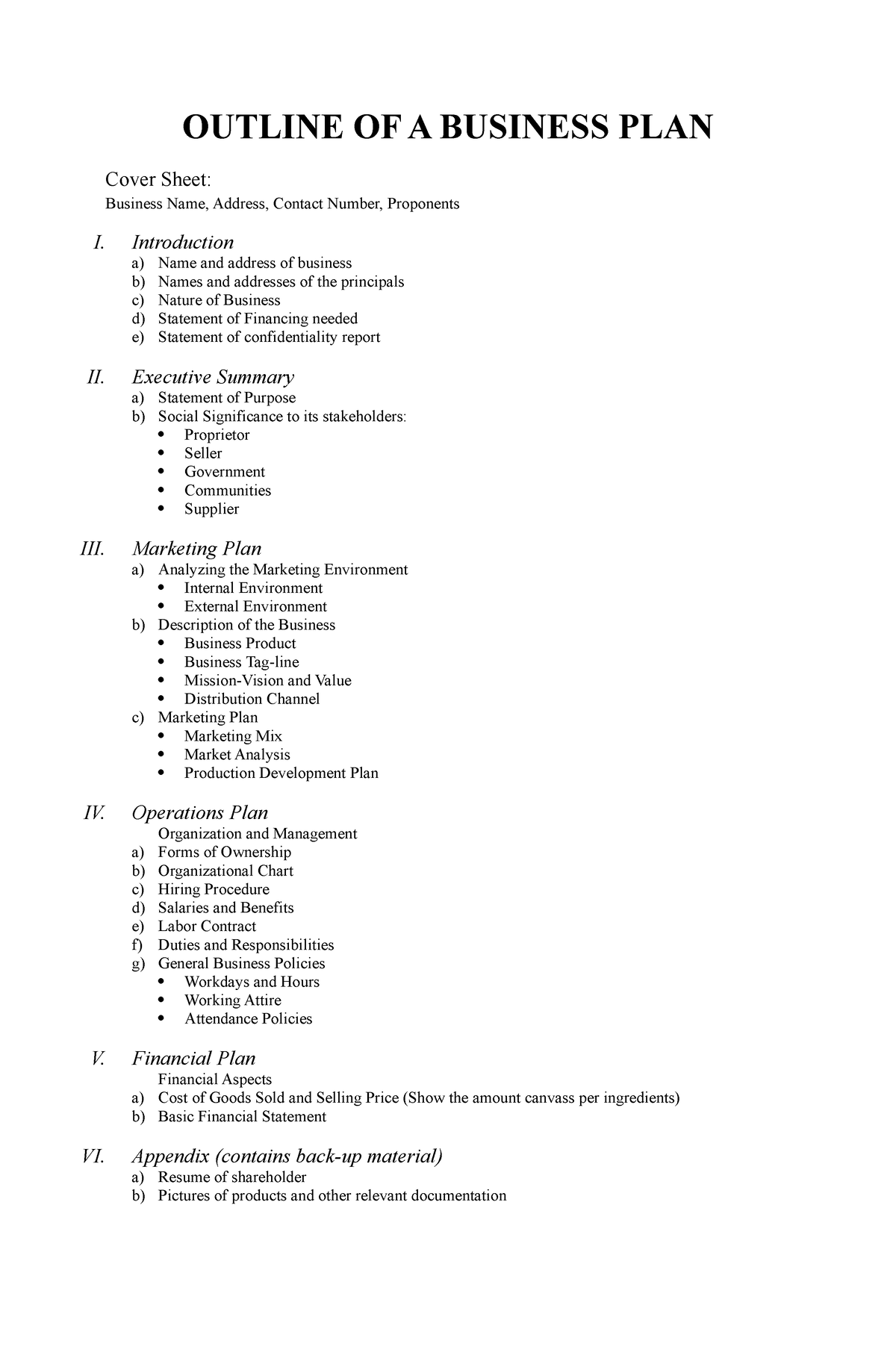 jelaskan bagaimana outline business plan yang baik