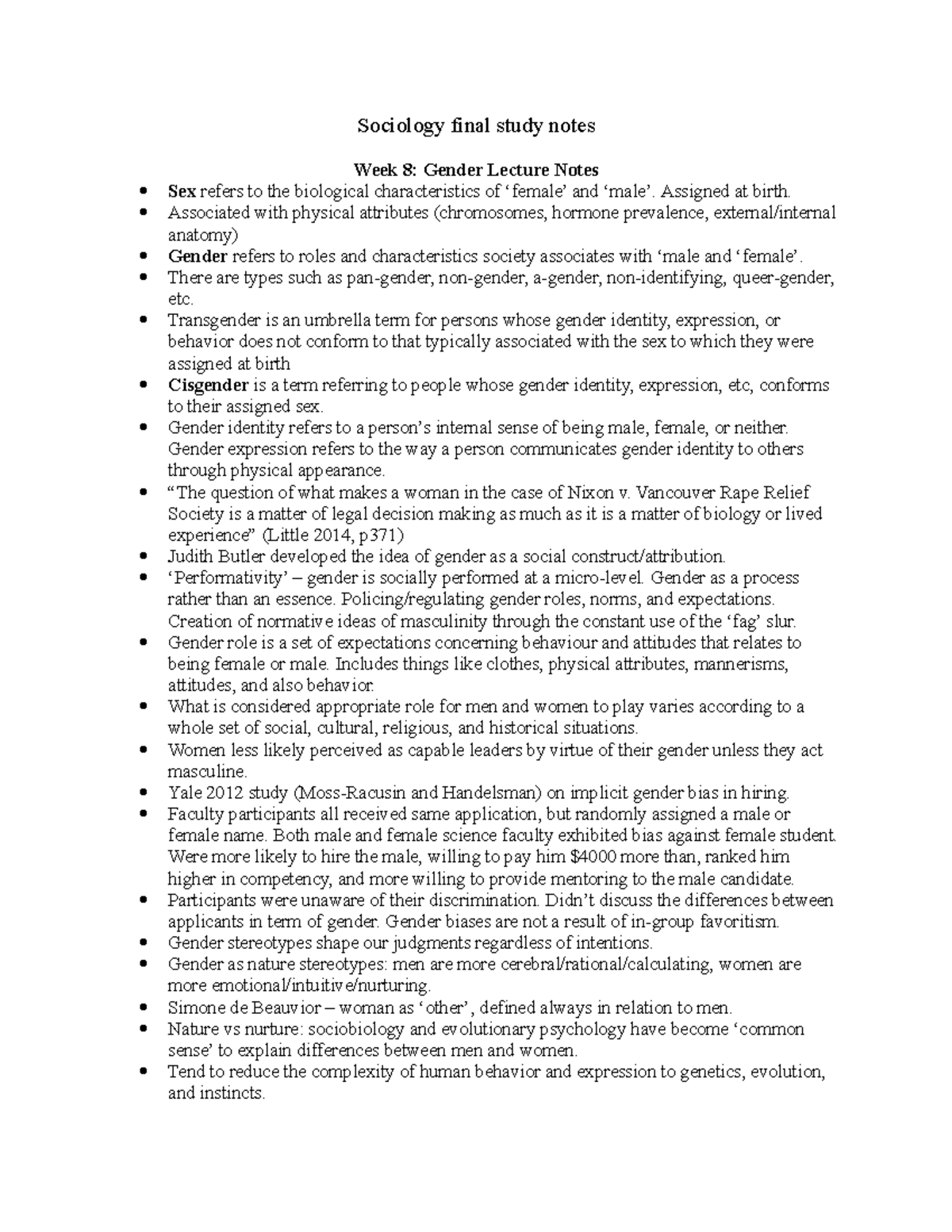 Sociology final exam notes - Sociology final study notes Week 8: Gender ...