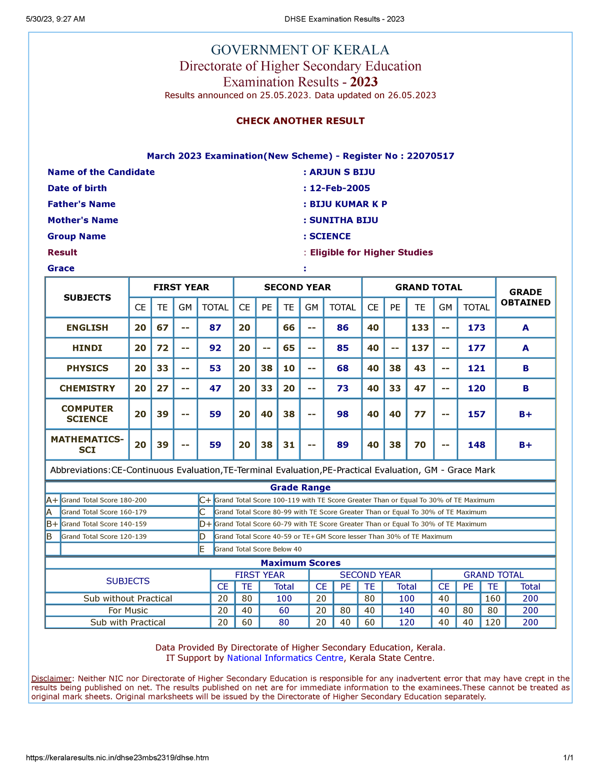 DHSE Examination Results 2023 nic/dhse23mbs2319/dhse.htm 1